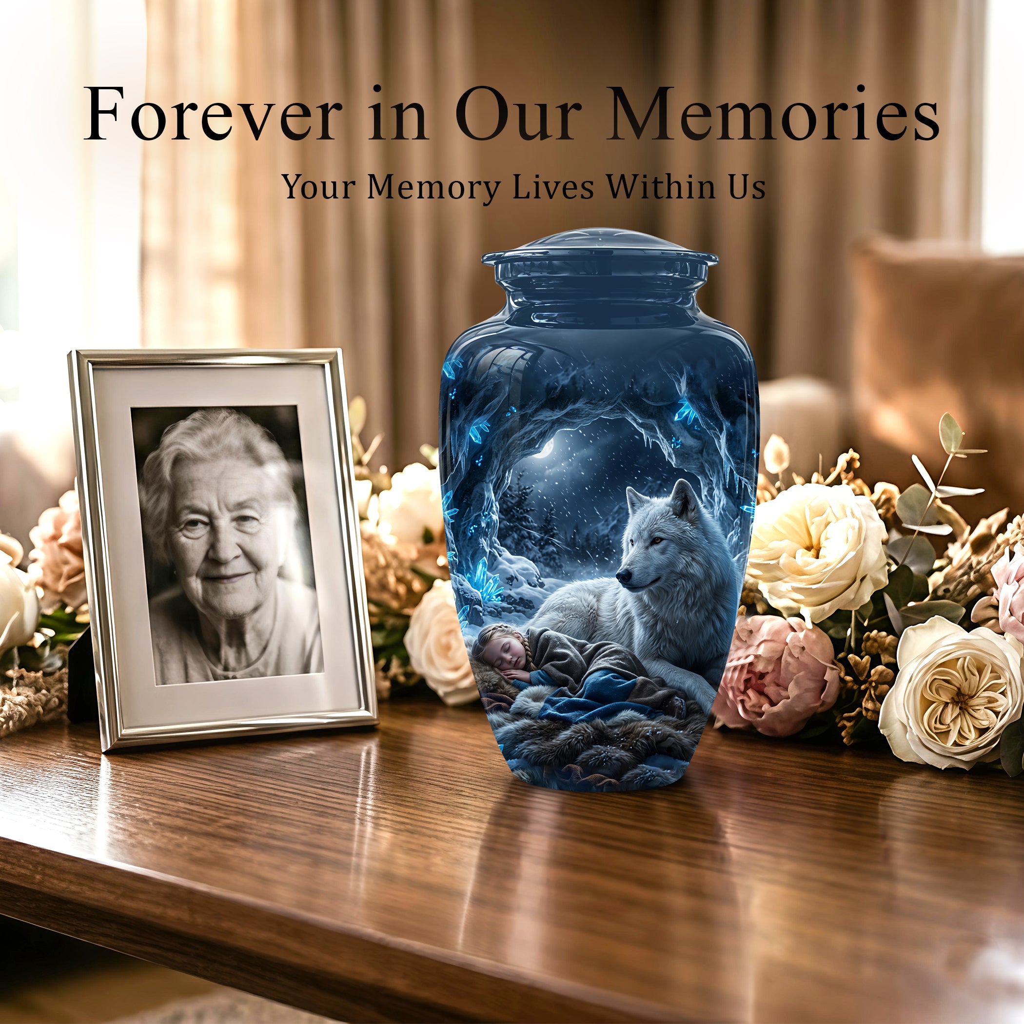 White Wolf With Girl Urn - Custom Memorial Urns For Men & Women Ashes