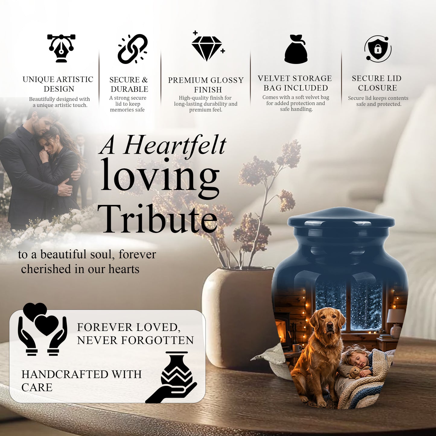 Golden Retriever Dog With Child - Beautiful Custom Pet Urns For Ashes