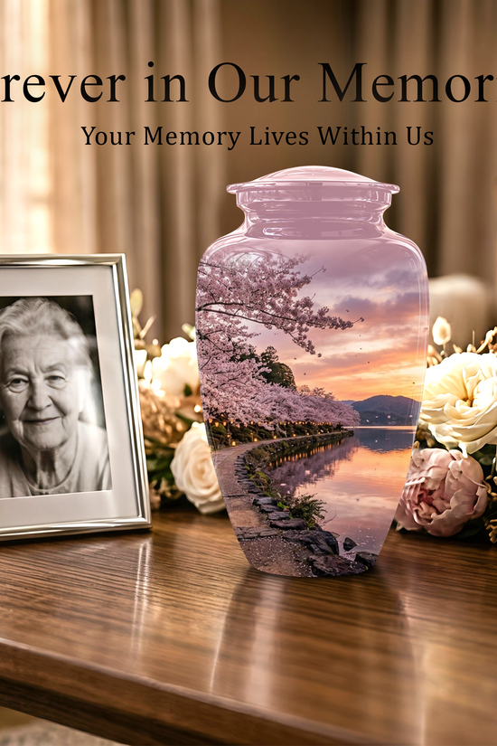 Pink Spring Tree Cremation Urns - Beautiful Nature Sunset Burial Urns