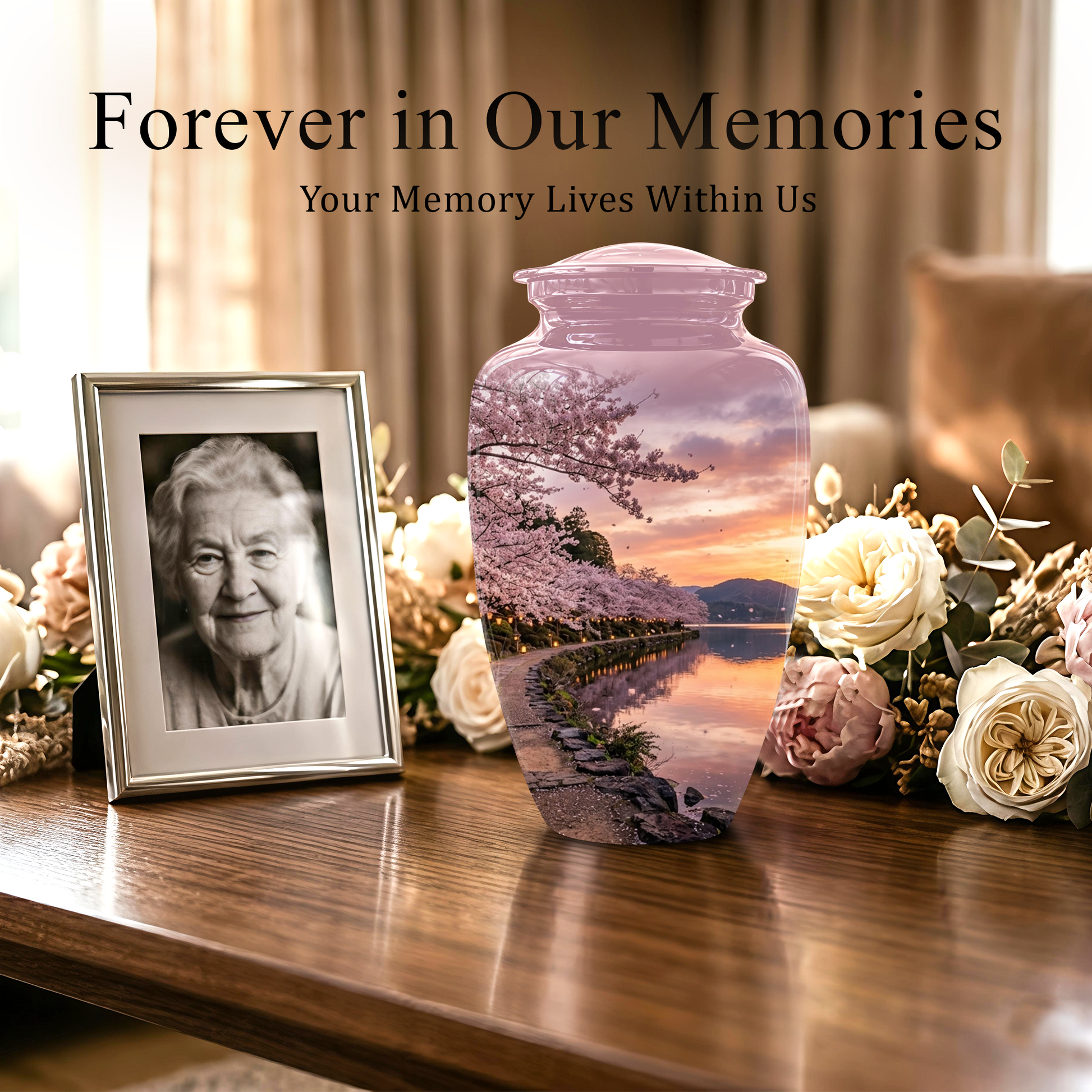 Pink Spring Tree Cremation Urns - Beautiful Nature Sunset Burial Urns