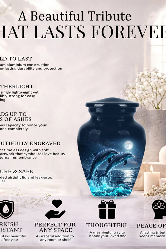 Beautiful Playful Dolphin Cremation Urn - Custom Moonlight Urns For Women