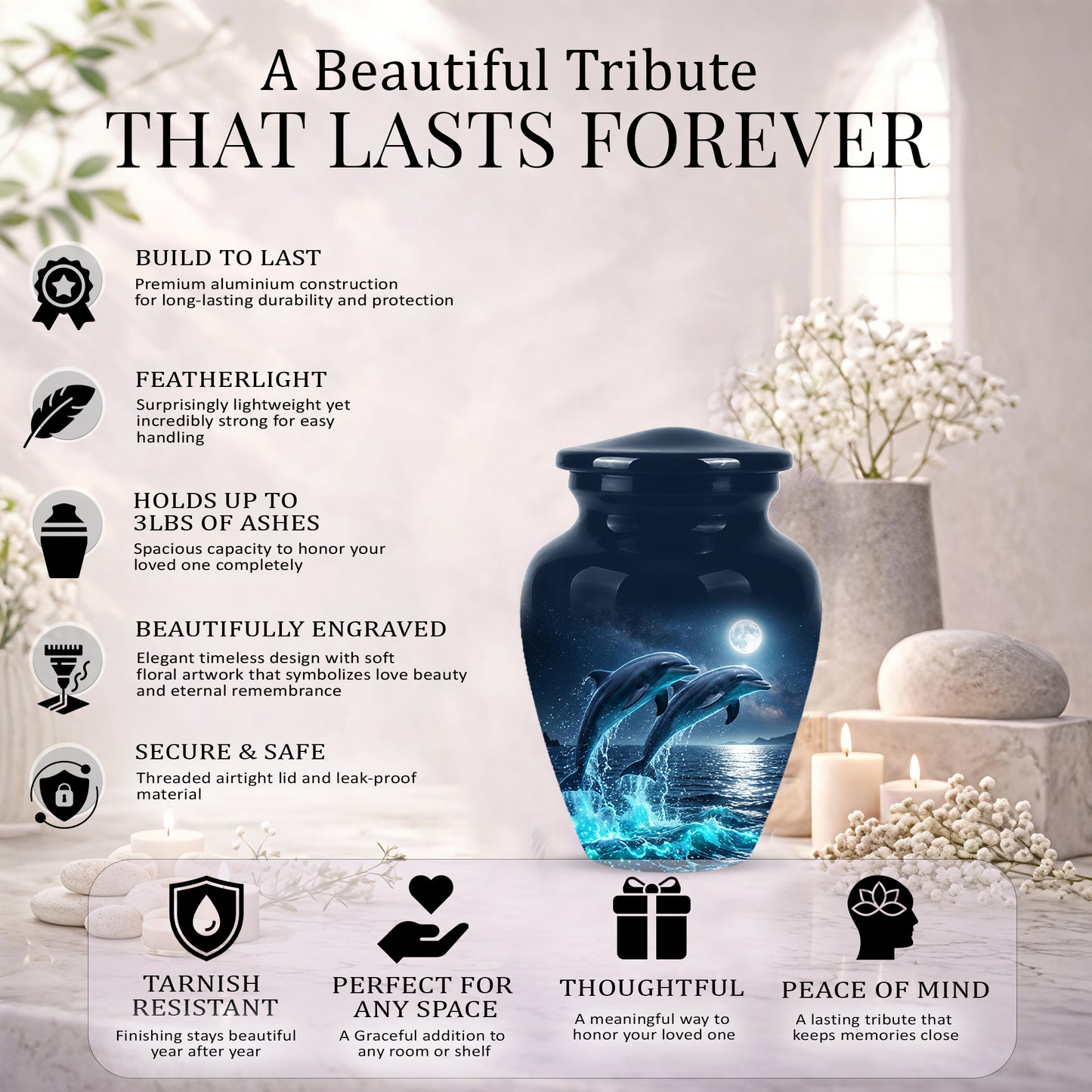 Beautiful Playful Dolphin Cremation Urn - Custom Moonlight Urns For Women