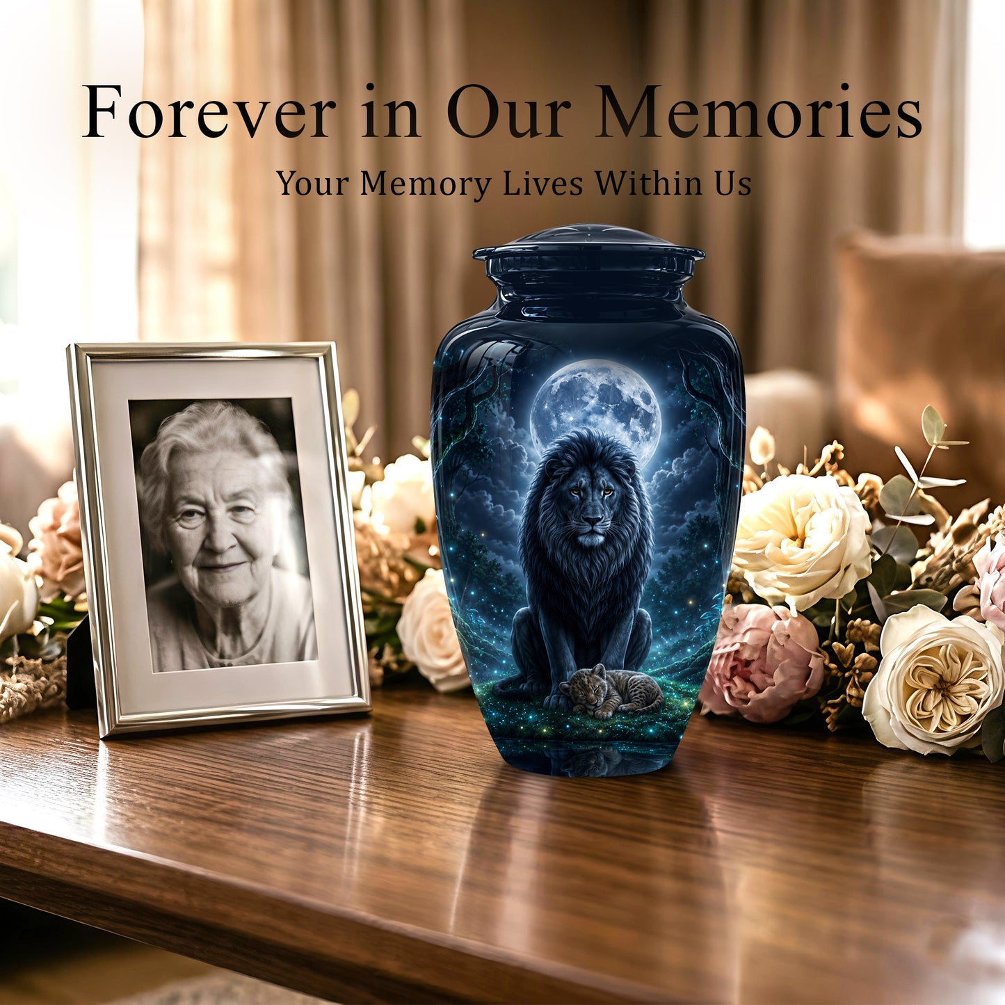Lion And Moon Memorial Urn - Lion Adult Male Funeral Urns For Ashes
