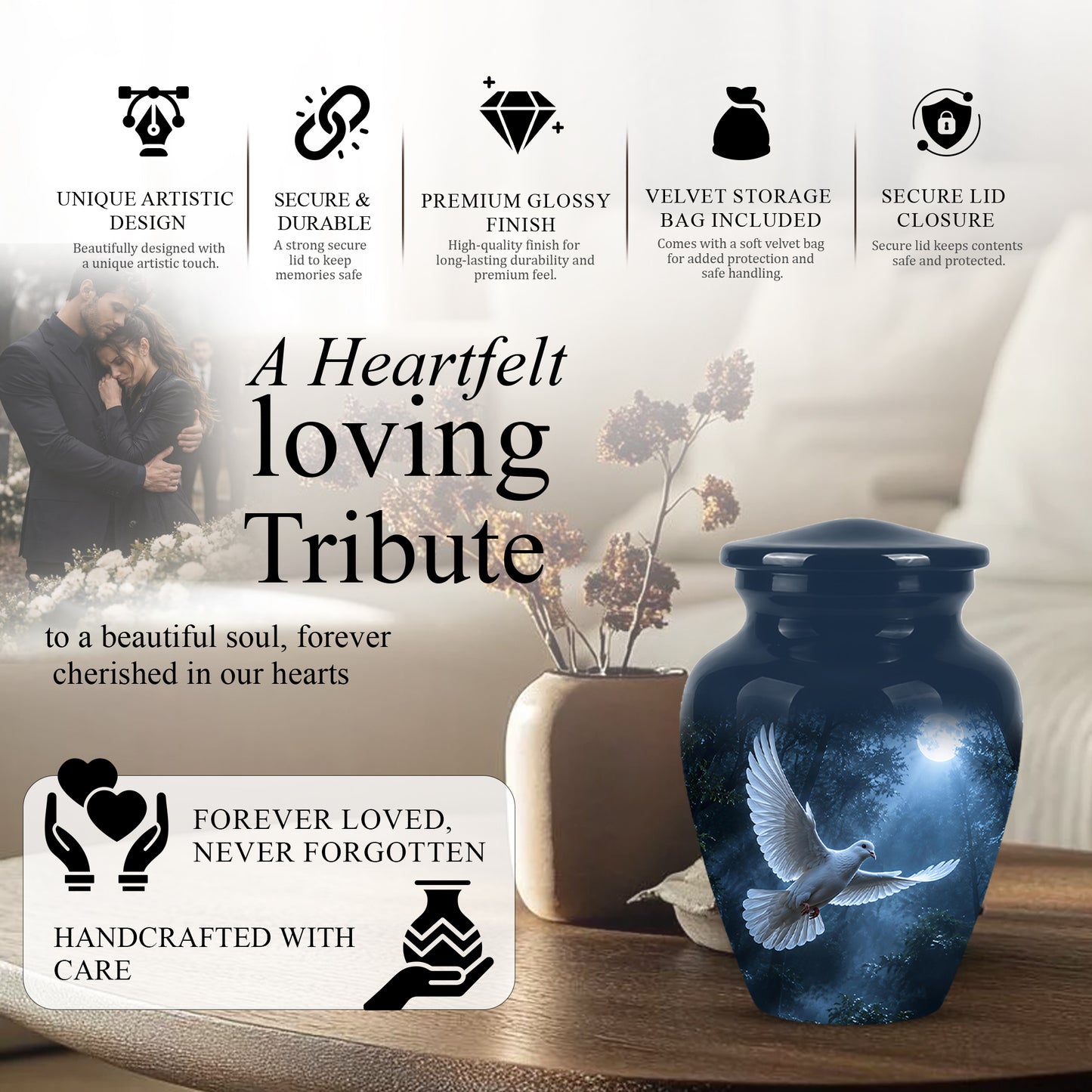 White Flying Dove Cremation Urn - Night Moon Memorial Urns For Ashes