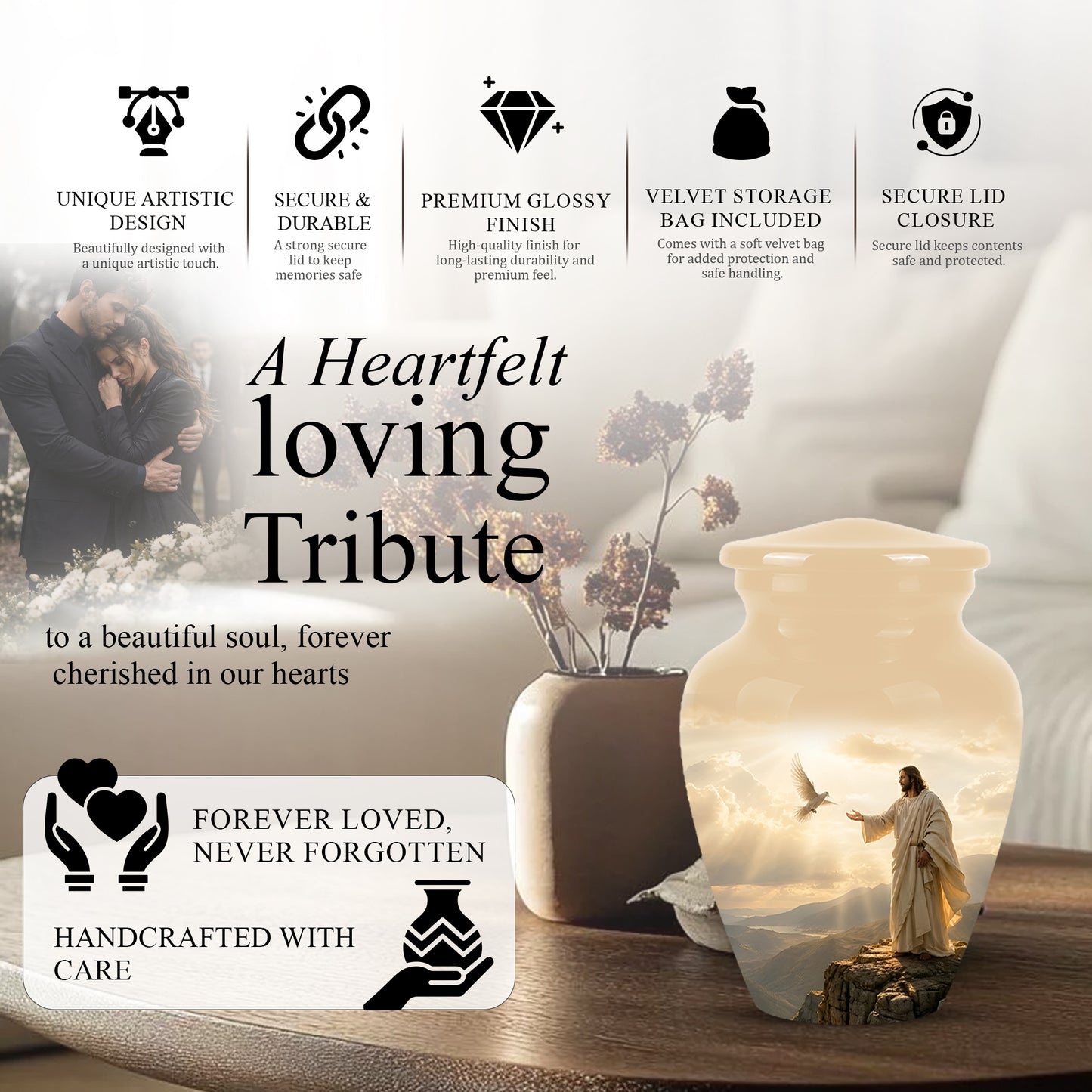 Jesus With Dove Themed Urn - Peaceful Eternal Rest Urn For Human Ashes