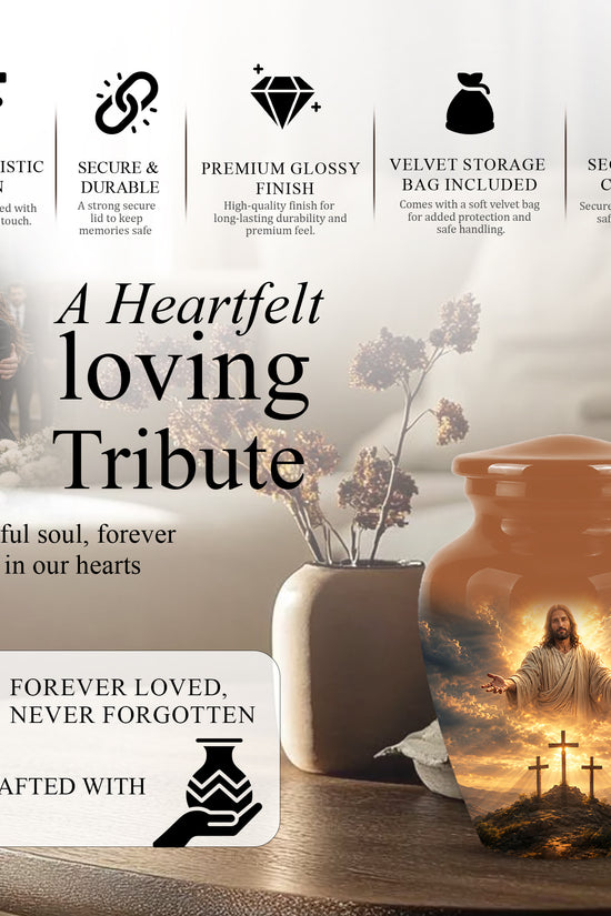 Christian Cross Themed Urn - Sunset Jesus Urns For Spiritual Human Ashes