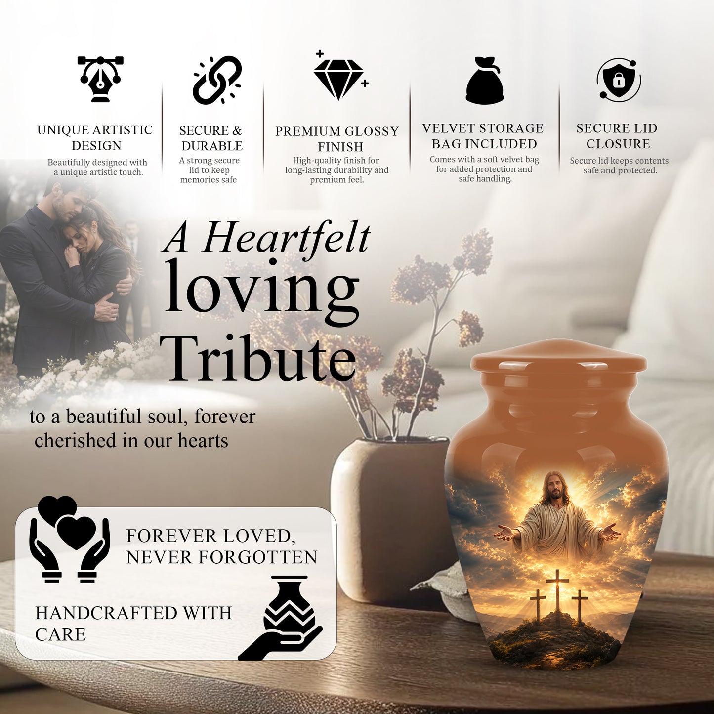 Christian Cross Themed Urn - Sunset Jesus Urns For Spiritual Human Ashes