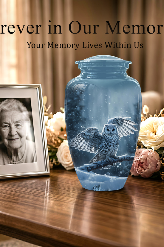 Snowy Owl Cremation Urn - Blue Funeral Urns For Human Ashes