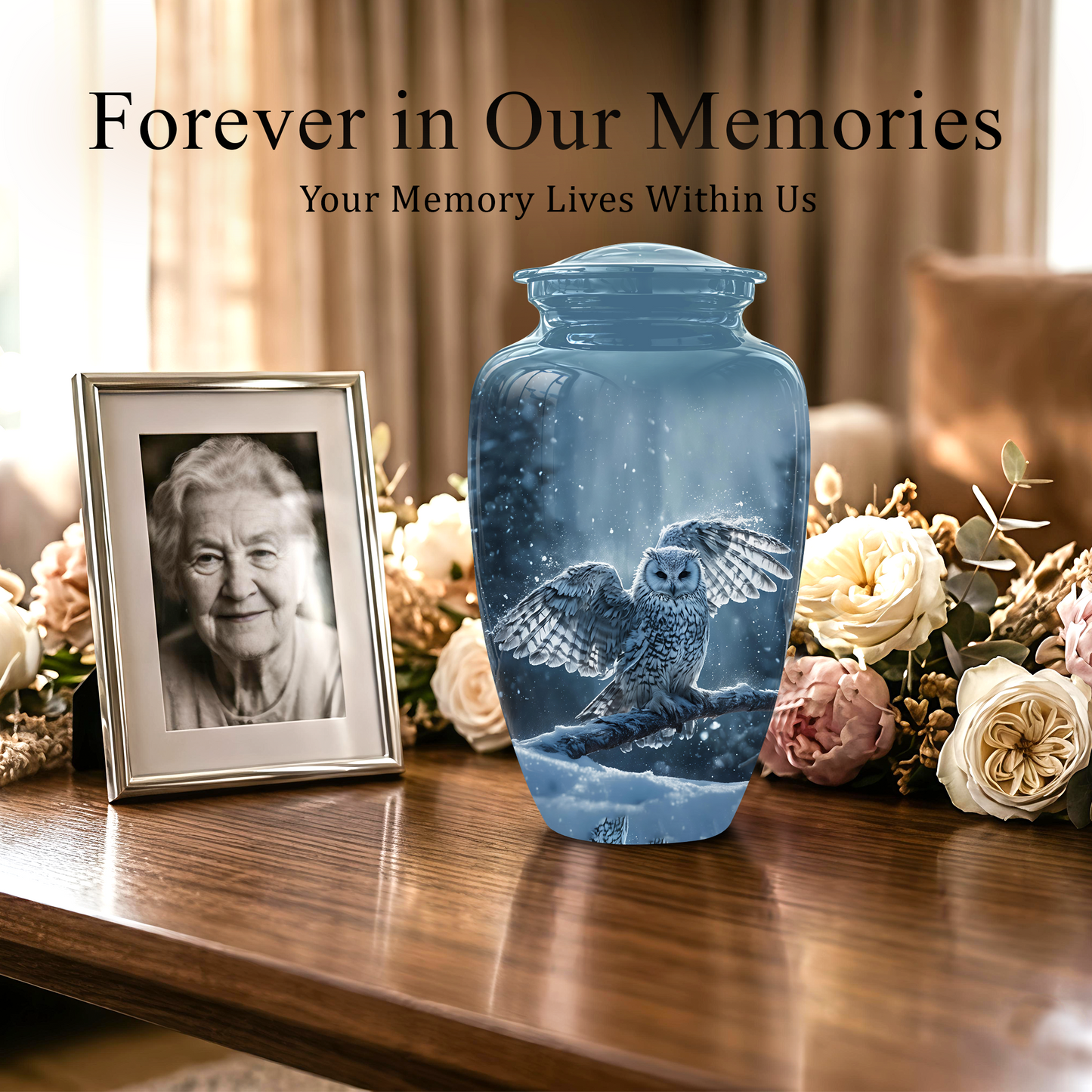 Snowy Owl Cremation Urn - Blue Funeral Urns For Human Ashes