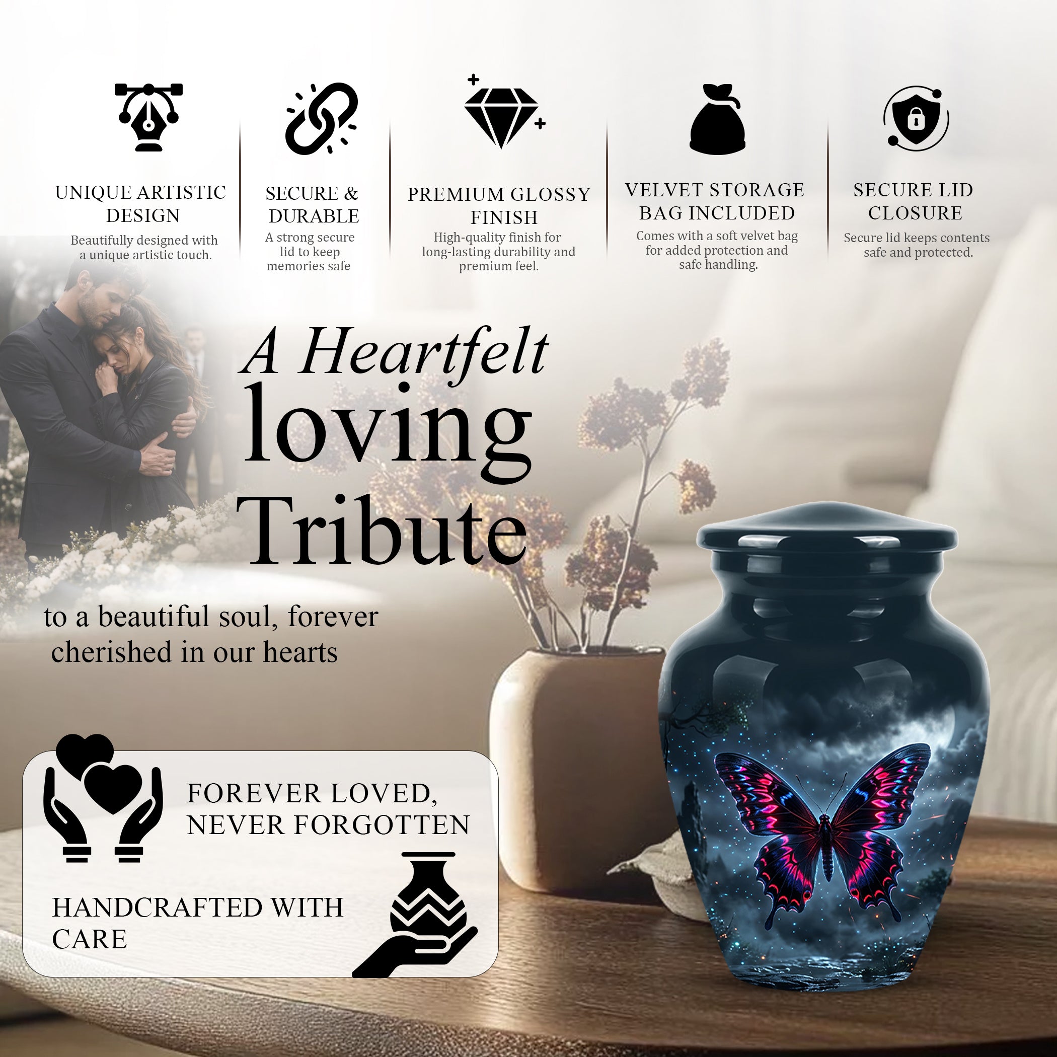 Colorful Butterfly Cremation Urn - Personalized Black Memorial Urns