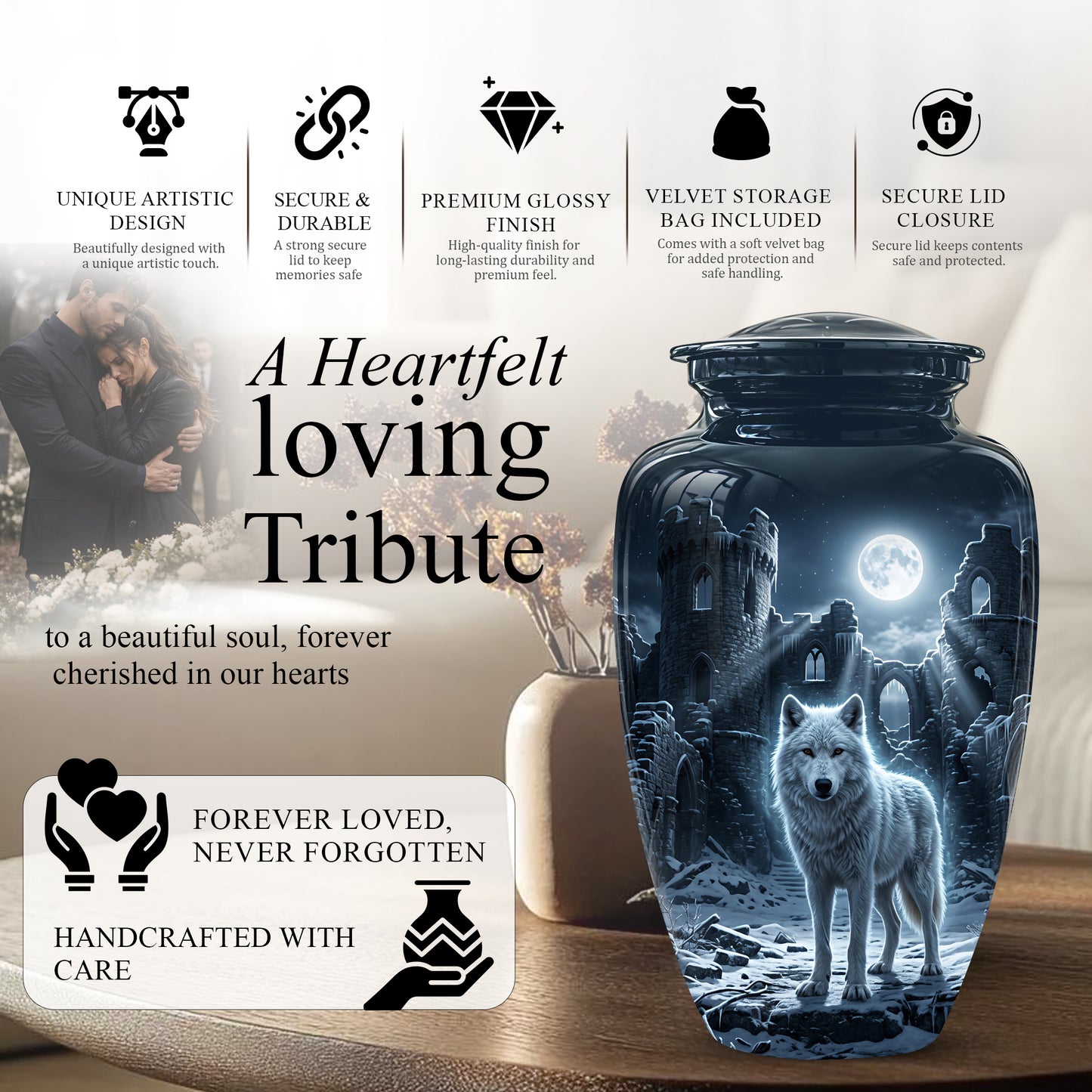 Night Wolf Memorial Urn - Moonlight Funeral Urns For Men & Women Ashes