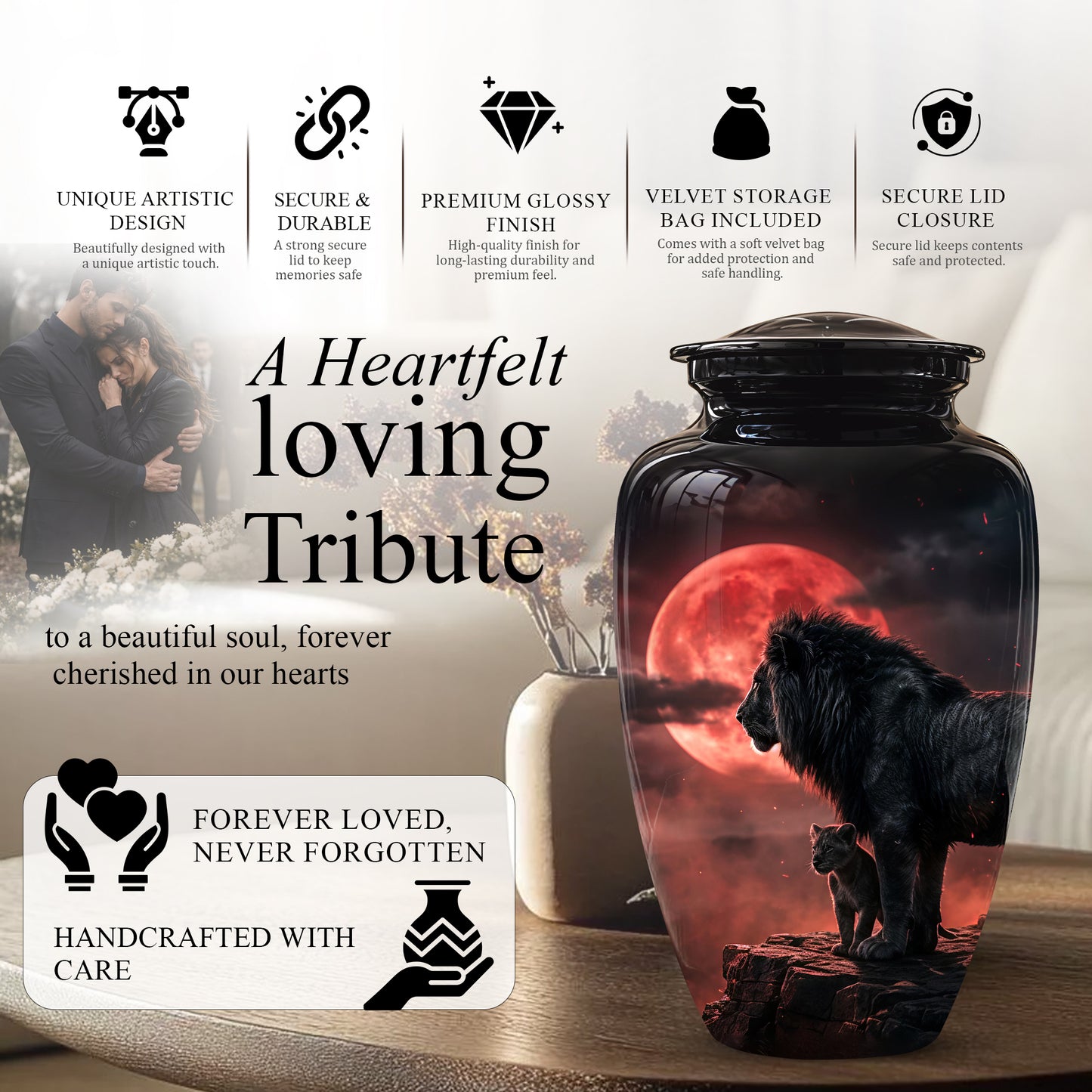 Lion With Cub Cremation Urn - Blood Moon Urns For Human Ashes