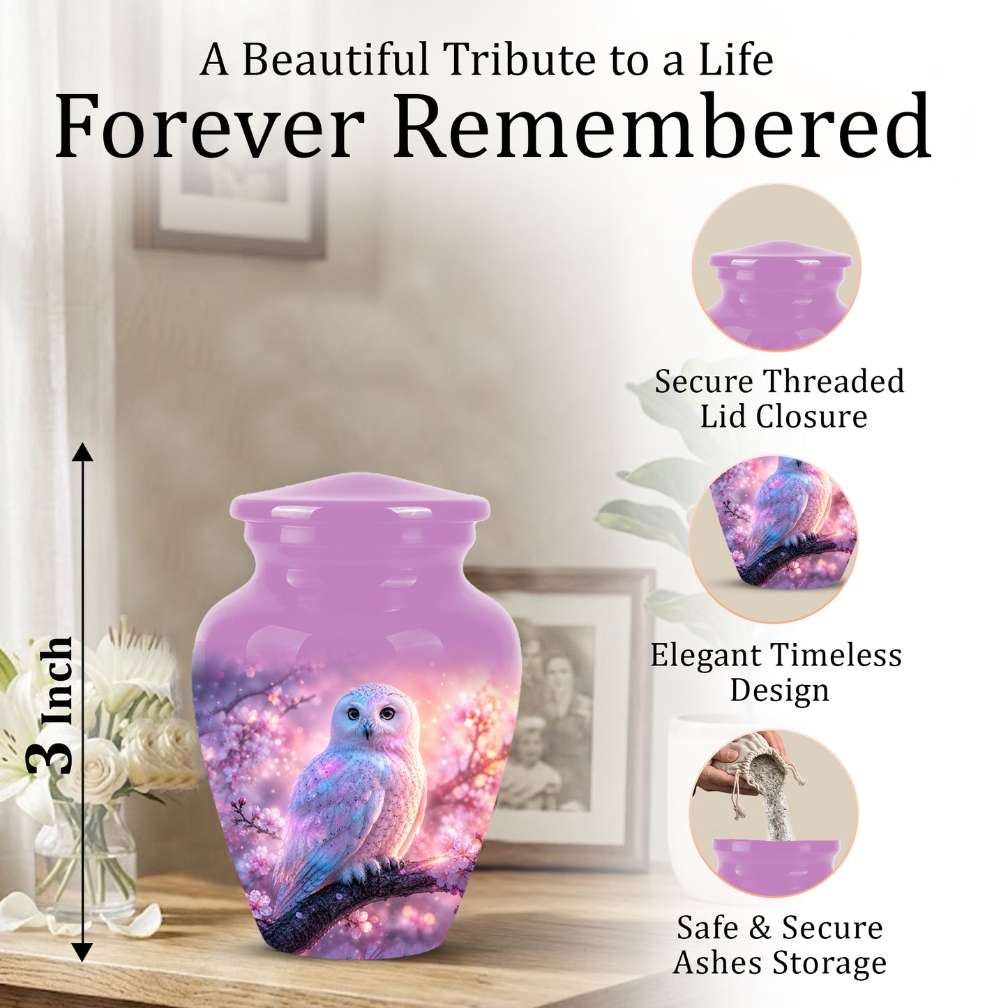 White Owl Cremation Urn - Beautiful Pink Memorial Urns For Human Ashes