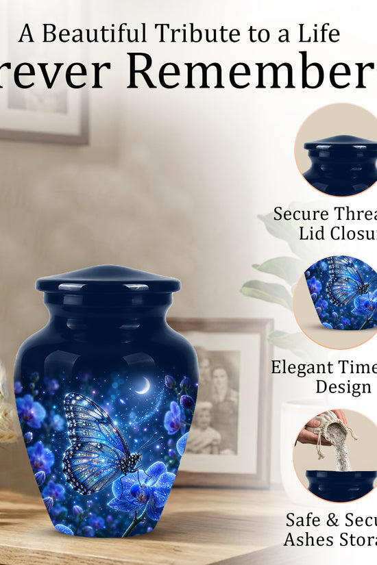 Blue Butterfly On Flower -Starry Night Burial Urns For Human Ashes