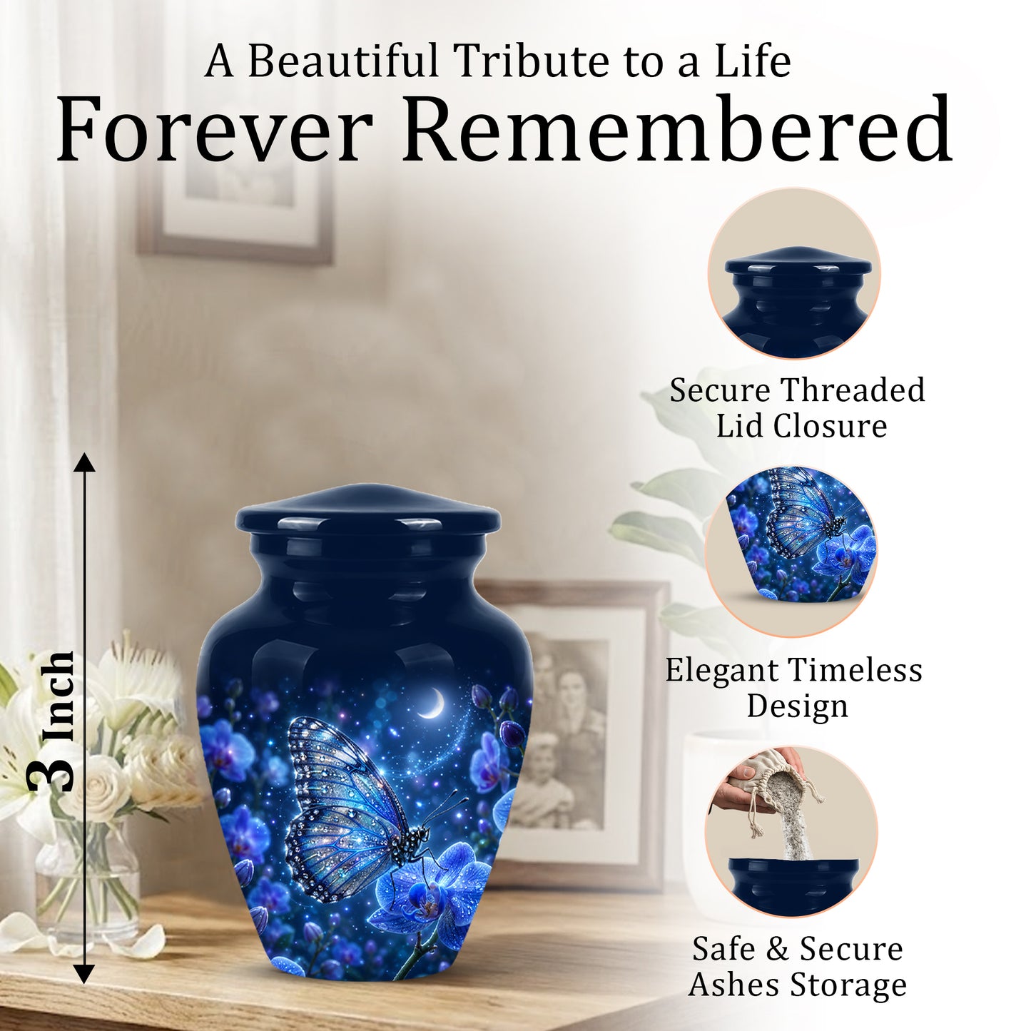 Blue Butterfly On Flower -Starry Night Burial Urns For Human Ashes