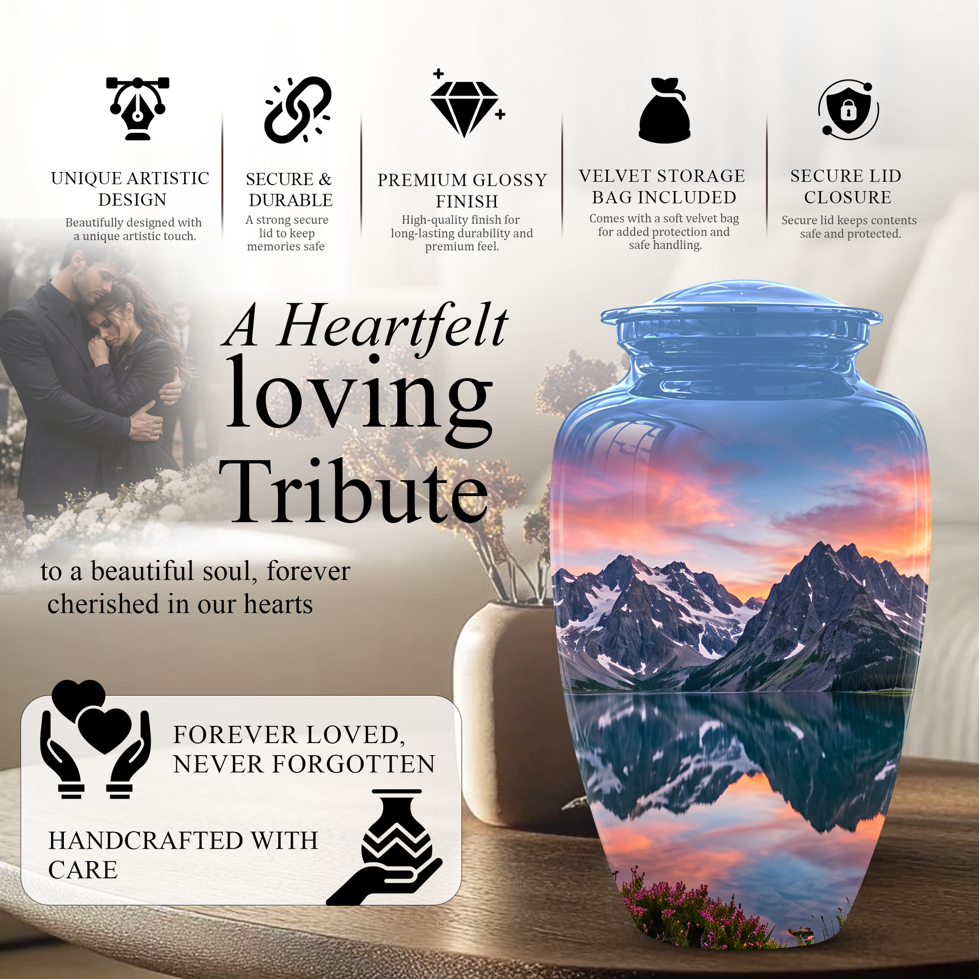 Mountain Lake Burial Urns - Sunset Scenic Cremation Urns For Nature Lovers