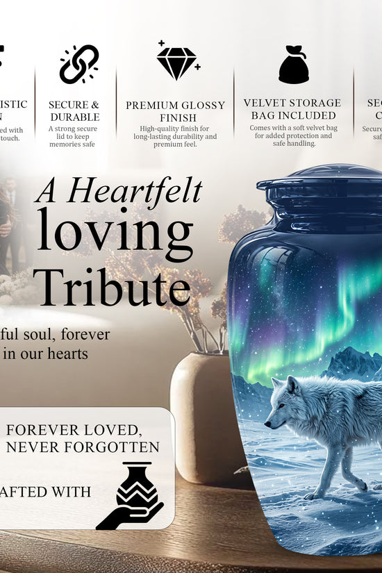 Snowy Wolf Cremation Urn - Northern Light Memorial Urn For Human Ashes