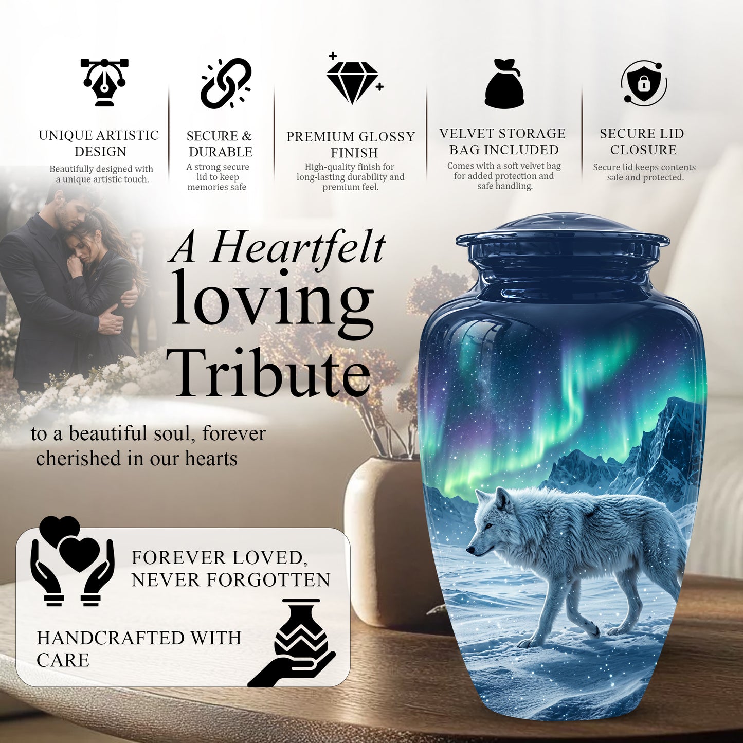 Snowy Wolf Cremation Urn - Northern Light Memorial Urn For Human Ashes