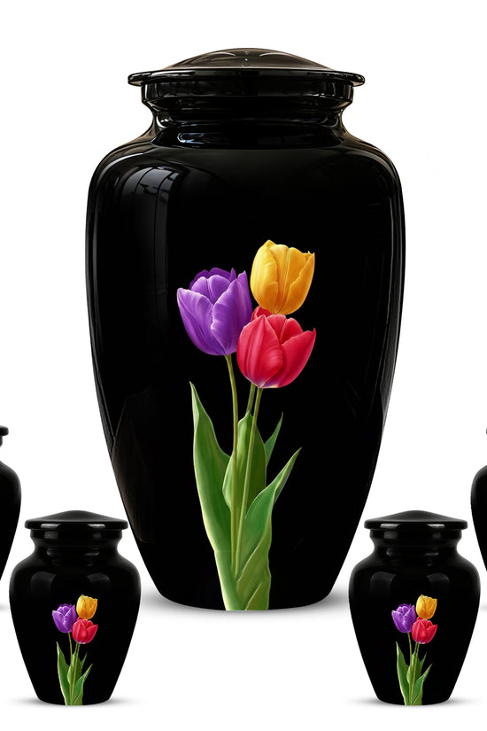 Colorful Tulips Flower Cremation Urn - Personalized Black Urns On Sale
