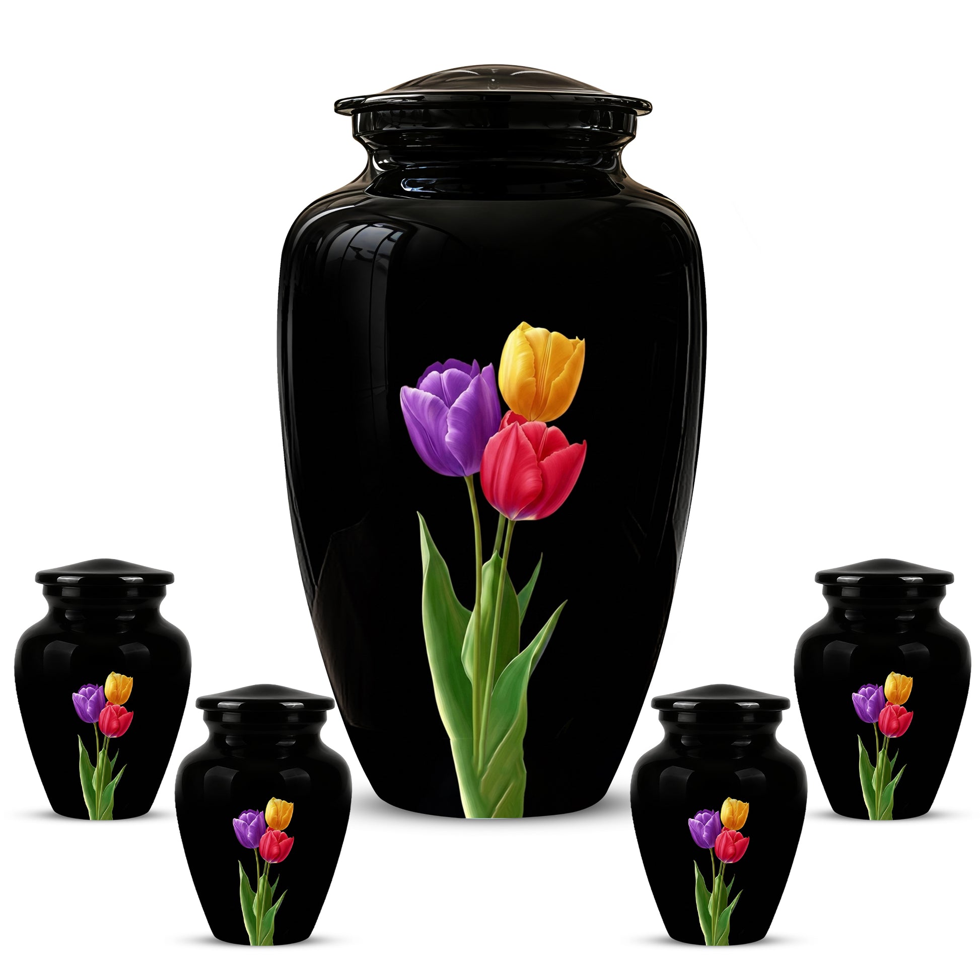 Colorful Tulips Flower Cremation Urn - Personalized Black Urns On Sale