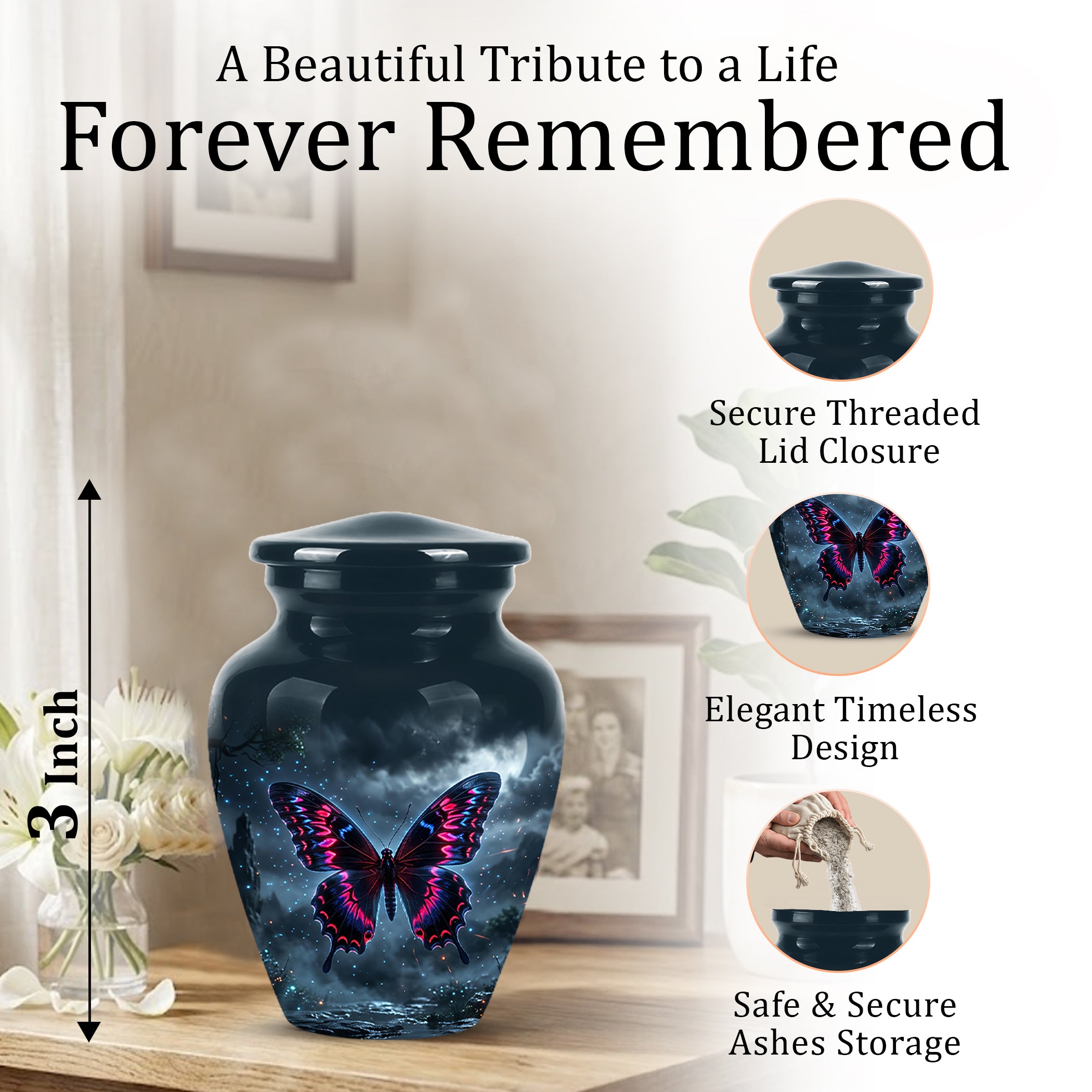 Colorful Butterfly Cremation Urn - Personalized Black Memorial Urns