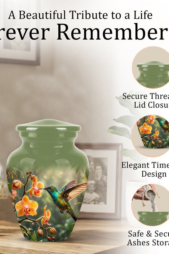 Colorful Hummingbird Urn - Green Cremation Urn For Nature Lovers Ashes