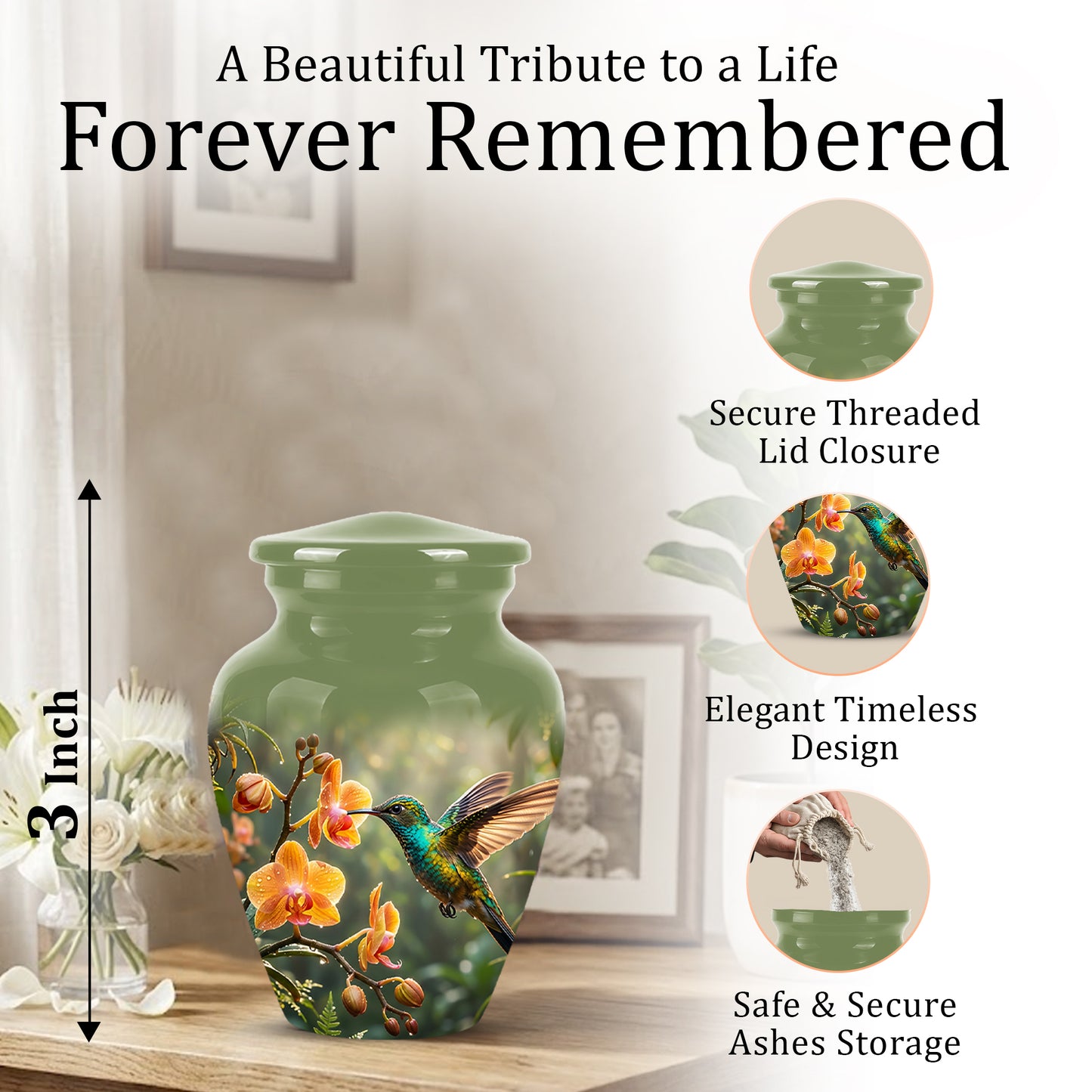 Colorful Hummingbird Urn - Green Cremation Urn For Nature Lovers Ashes