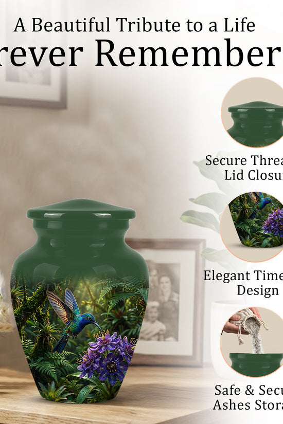 Flying Hummingbird Themed Urn - Beautiful Purple Flower Cremation Urns