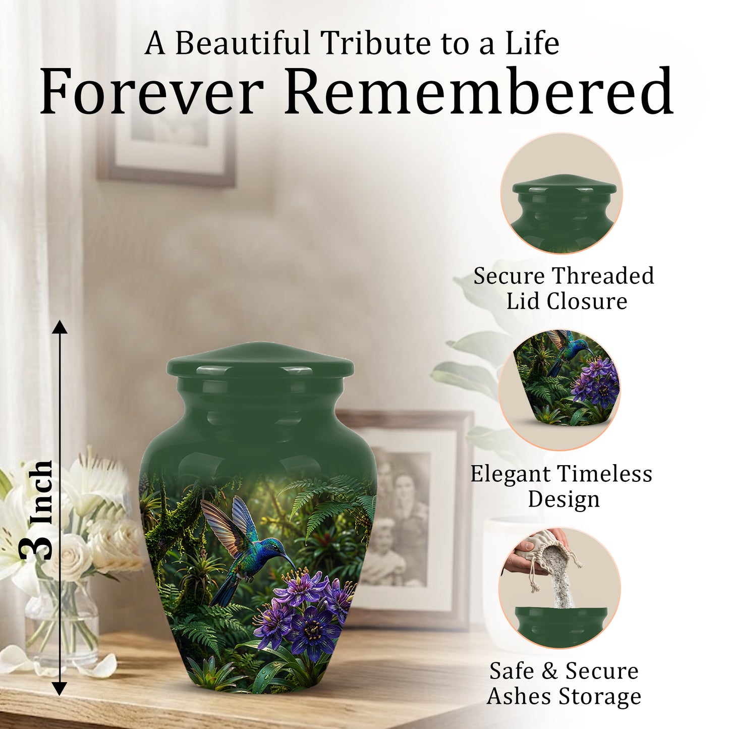 Flying Hummingbird Themed Urn - Beautiful Purple Flower Cremation Urns