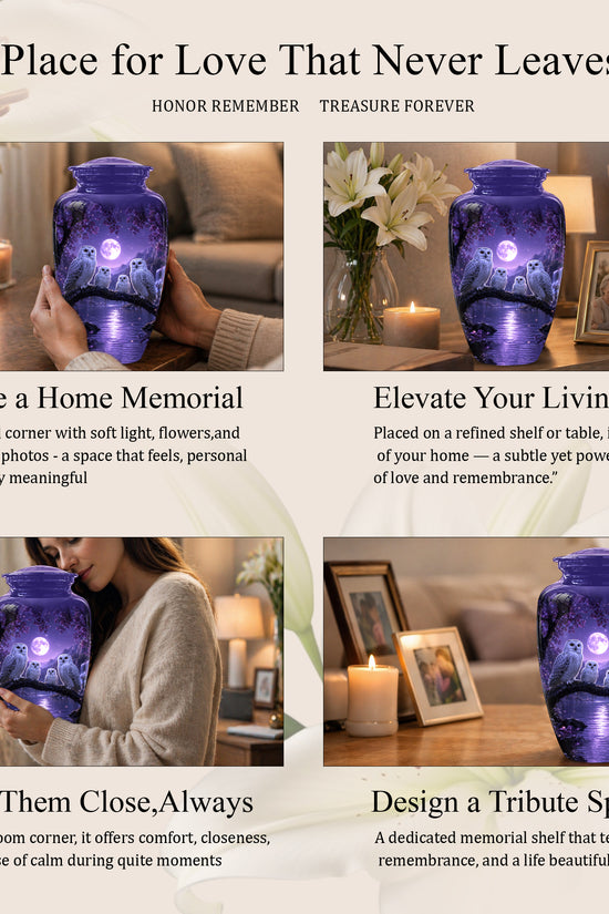Snowy Owl Family Themed Cremation Urn - Purple Moonlight Memorial Urns