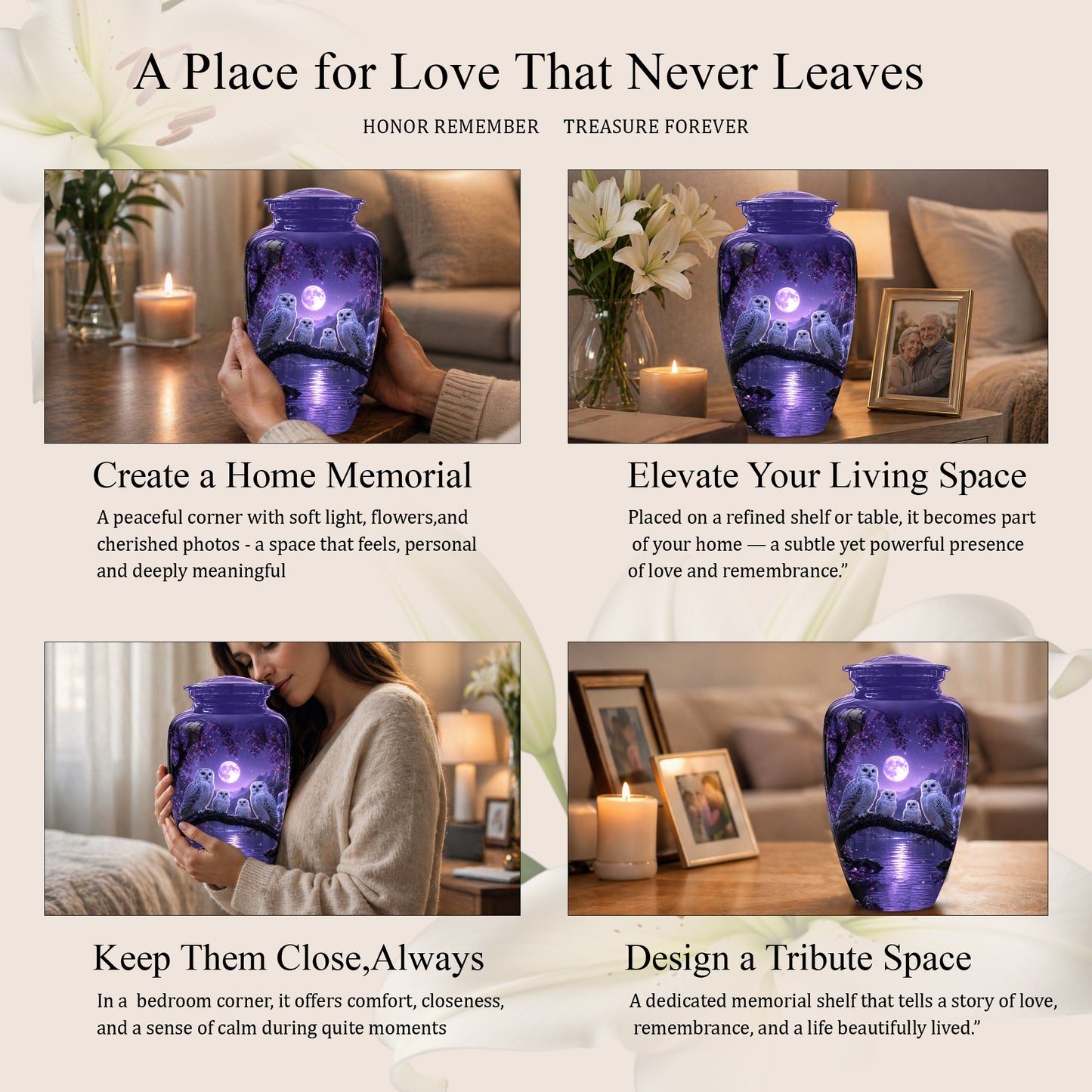 Snowy Owl Family Themed Cremation Urn - Purple Moonlight Memorial Urns