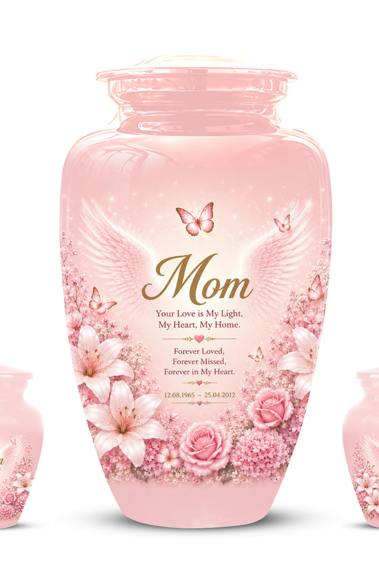 Angel Wings Funeral Urn for Mom – Pink Aluminium Burial Urn for Human Ashes