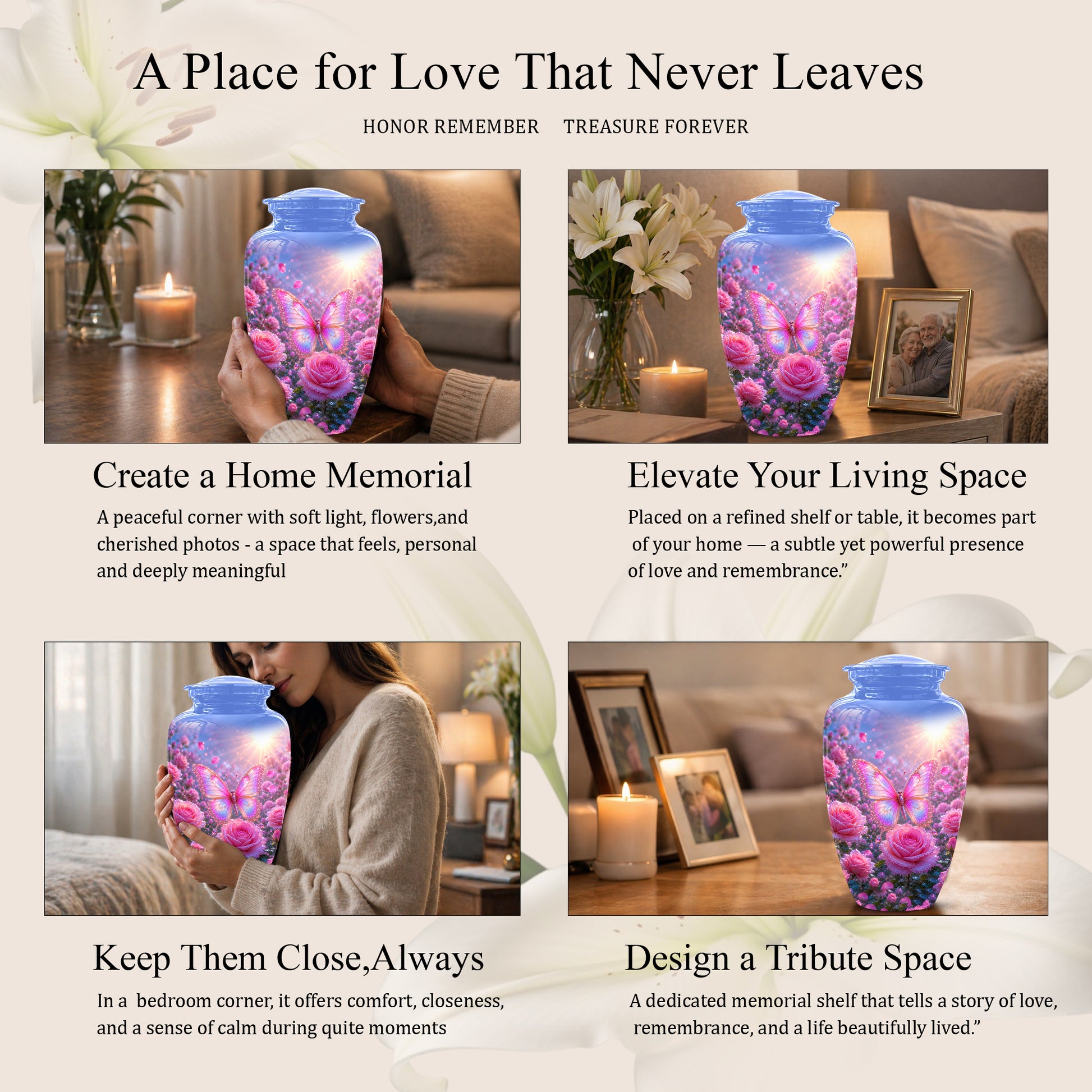 Pink Butterfly On Flower Funeral Urn - Handcrafted Urns For Mom Ashes