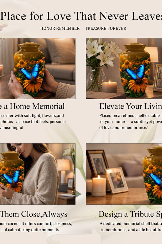 Blue Butterfly On Flower Cremation Urn - Personalized Urns For Mom Ashes