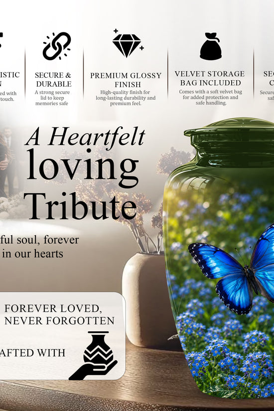 Blue Flying Butterfly Themed Urn - Majestic Butterfly Urns For Ashes