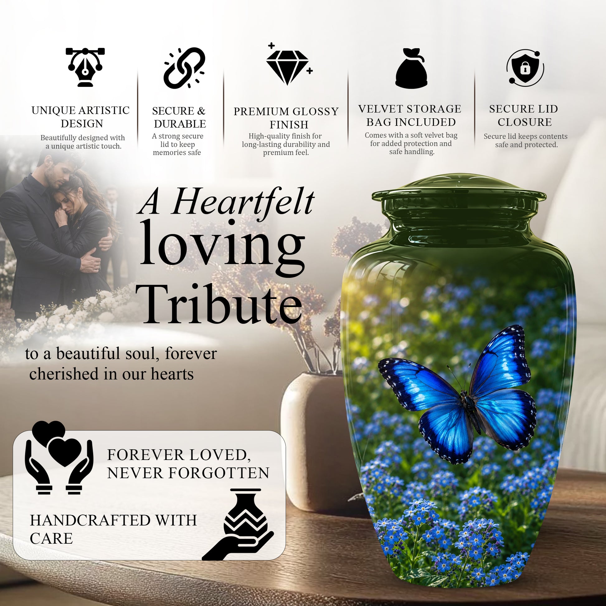 Blue Flying Butterfly Themed Urn - Majestic Butterfly Urns For Ashes