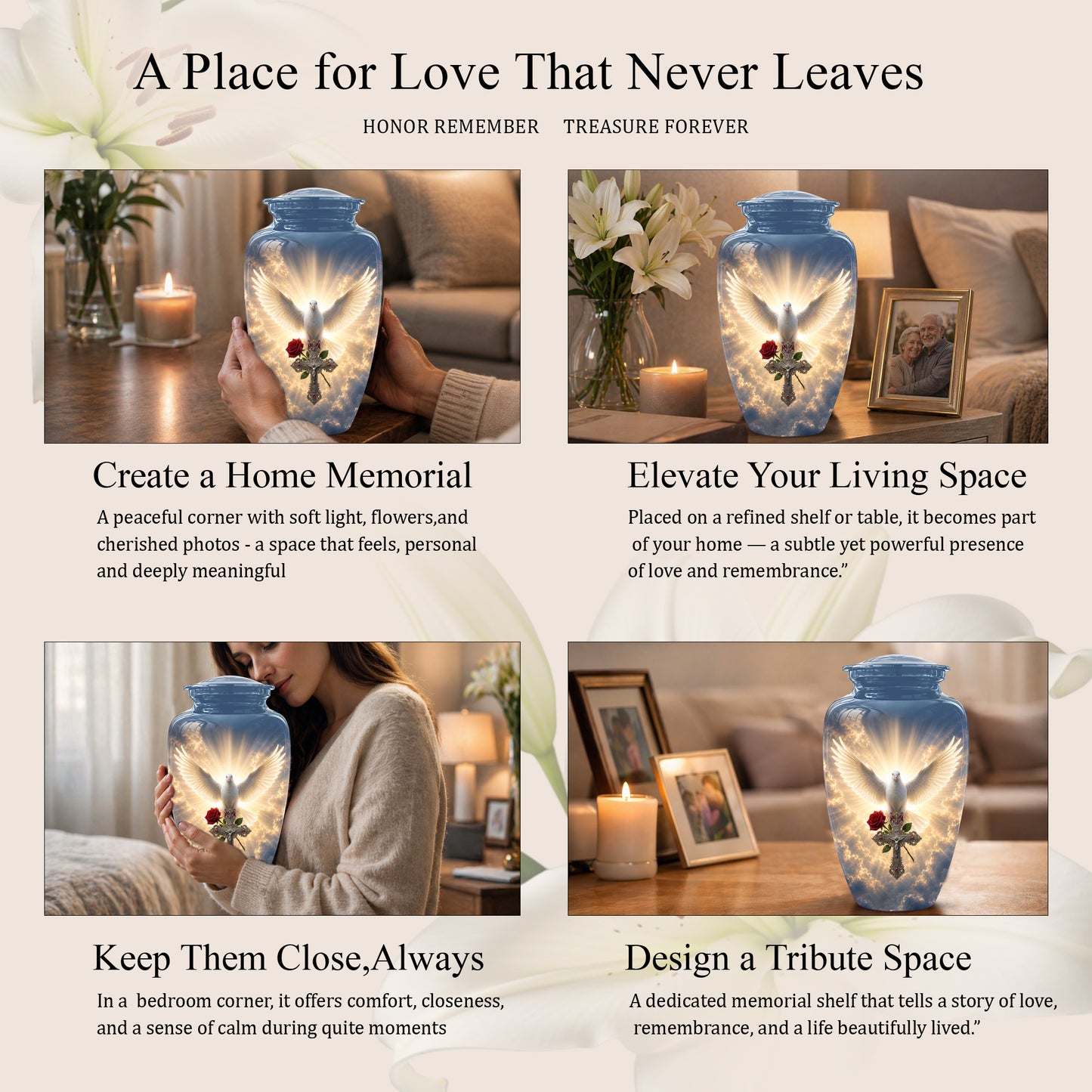 White Dove Bird With Rose - Blue Memorial Urns For Human Ashes