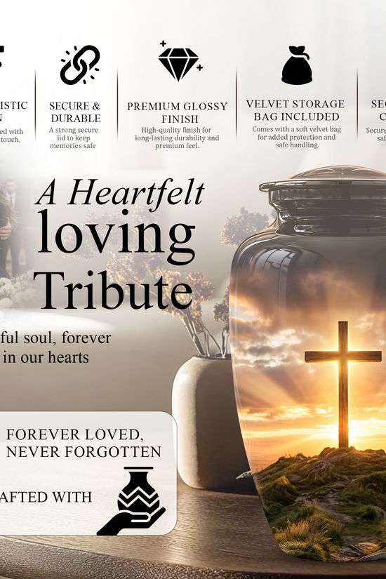 Christian Cross Cremation Urn - Sunrise Scenic Burial Urns For Human Ashes