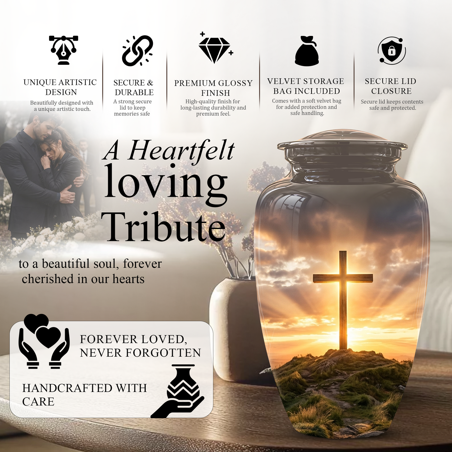 Christian Cross Cremation Urn - Sunrise Scenic Burial Urns For Human Ashes