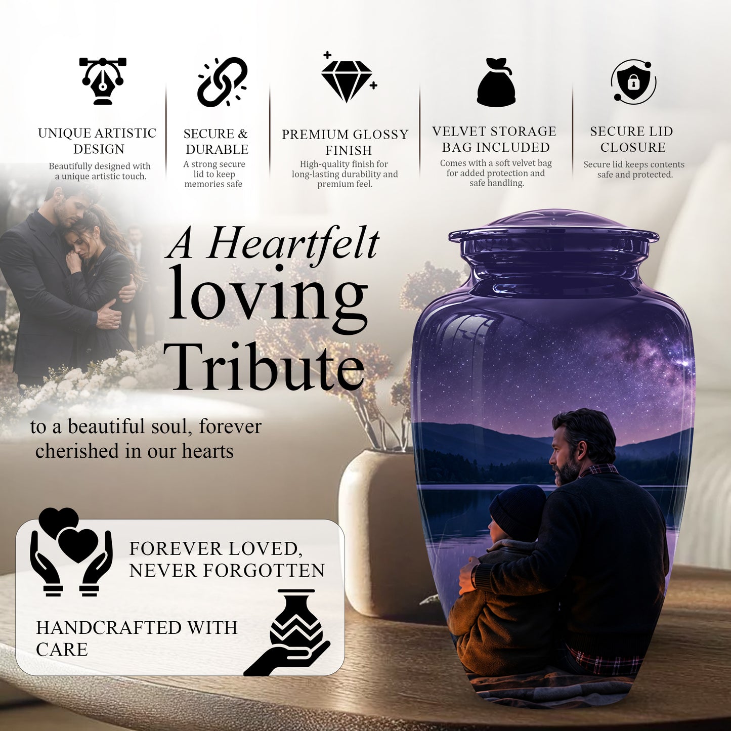 Father & Son Love Cremation Urn - Mountain Night Scenic Urns For Dad