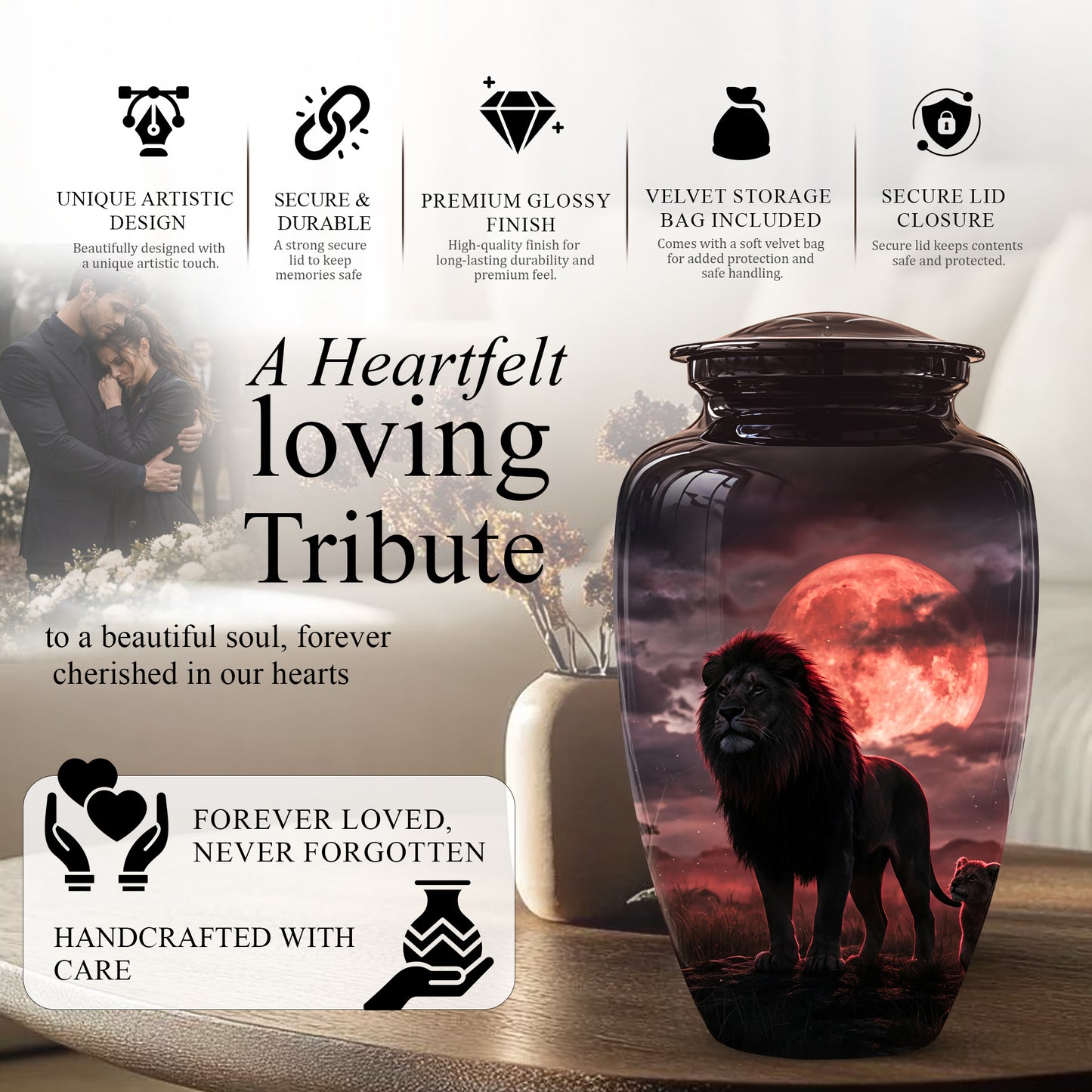 Lion Themed Cremation Urns - Blood Moon Scenic Urns For Loved Ones