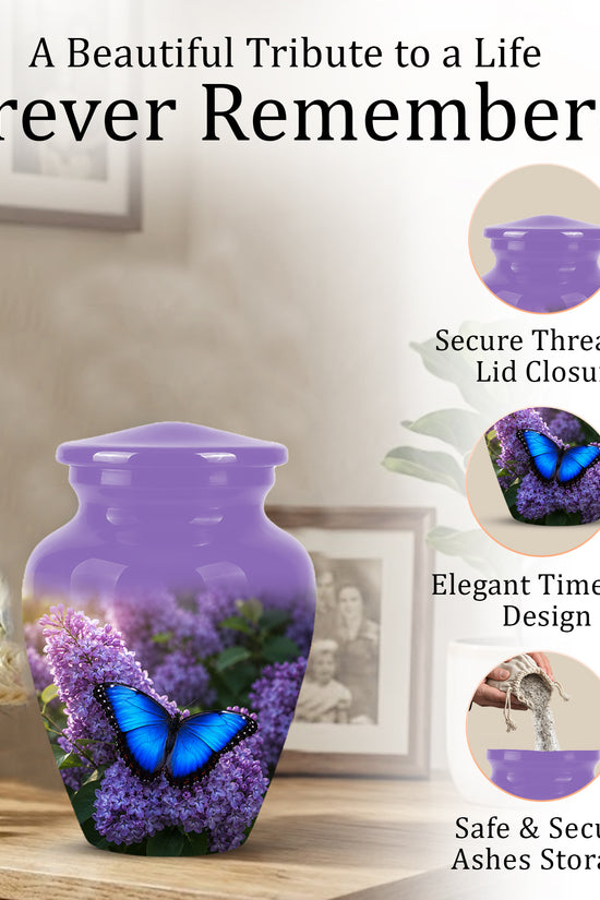 Blue Butterfly Cremation Urn - Purple Color Memorial Urns For Human Ashes