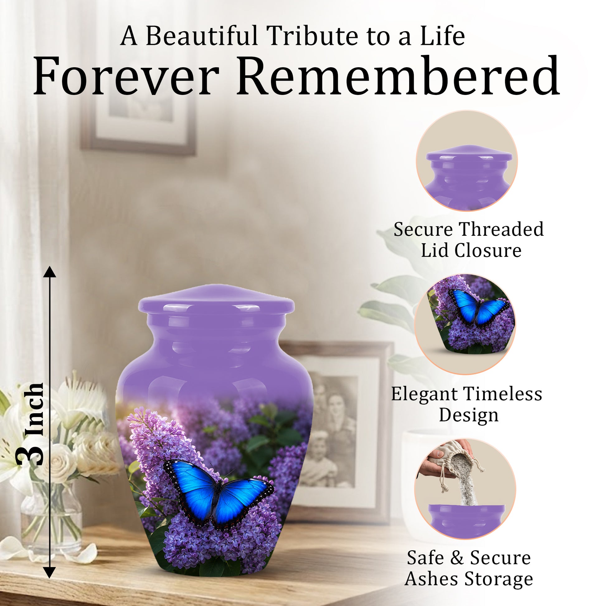 Blue Butterfly Cremation Urn - Purple Color Memorial Urns For Human Ashes