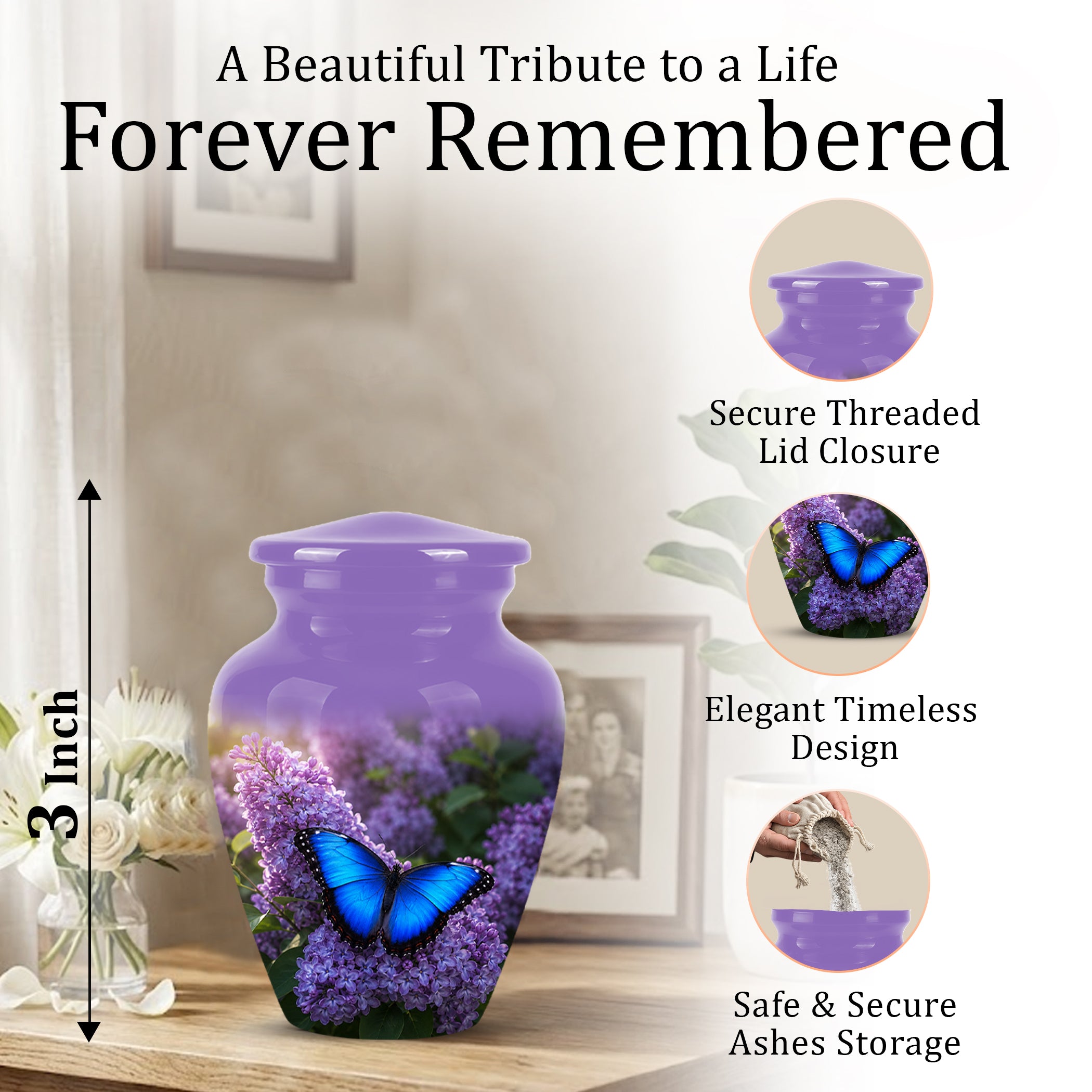 Blue Butterfly Cremation Urn - Purple Color Memorial Urns For Human Ashes