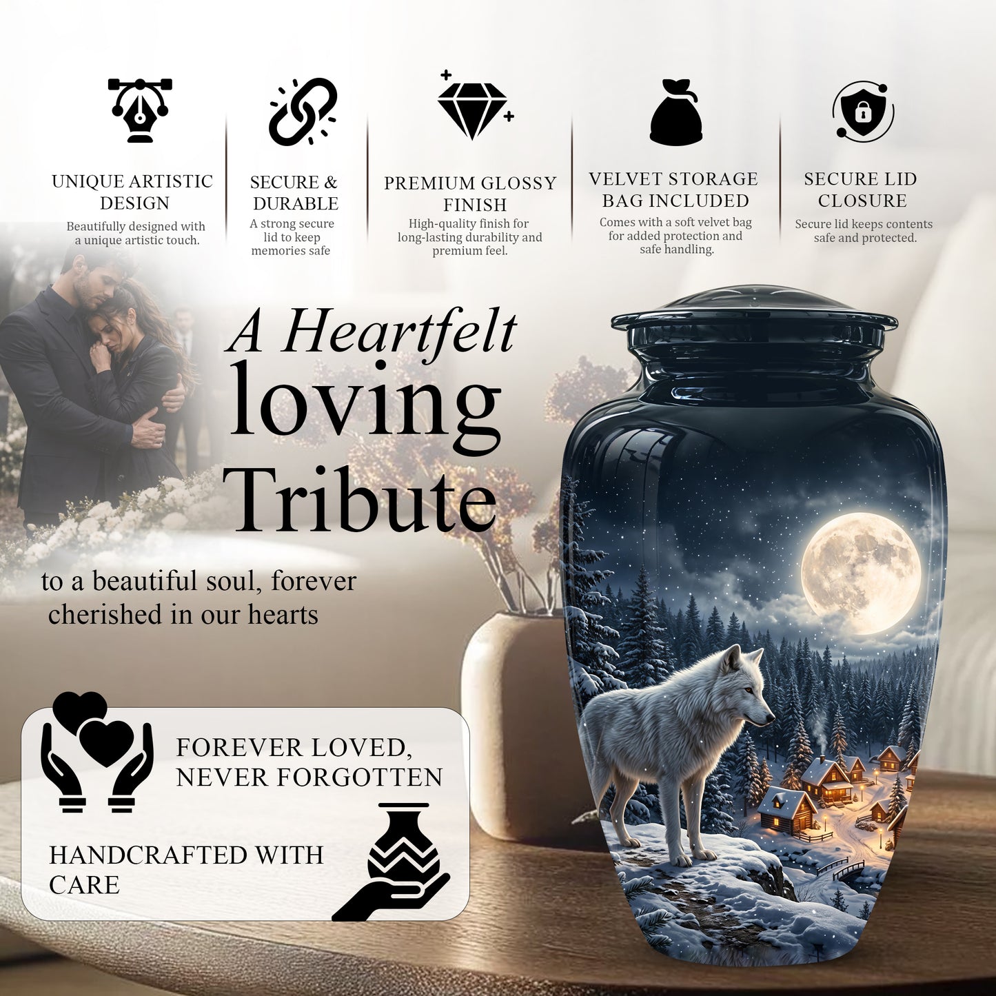 Moonlit Wolf Urn for Ashes - Custom Memorial Urn For Human Ashes