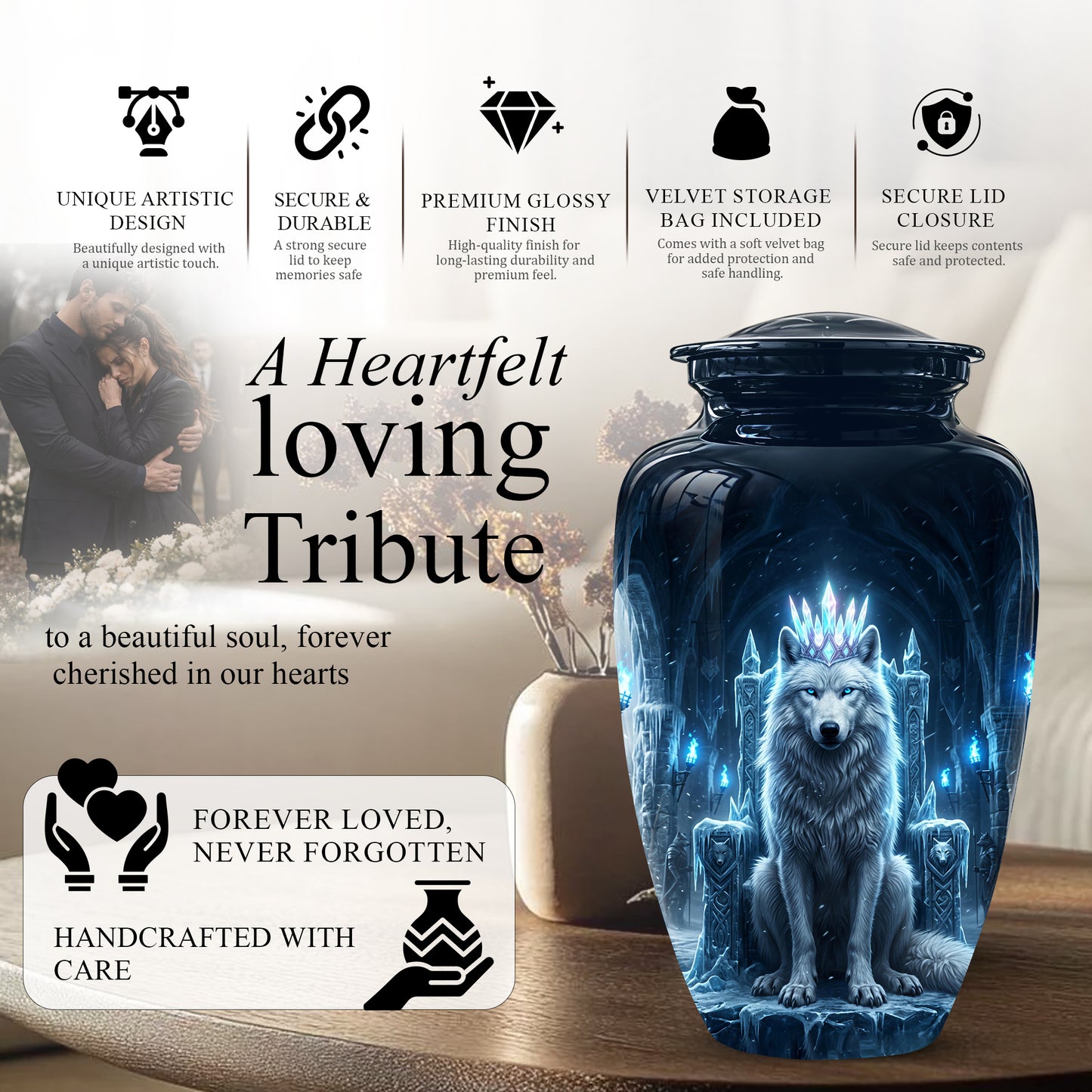 Ice Throne Wolf King Urn for Ashes | Personalized Urn Memorial