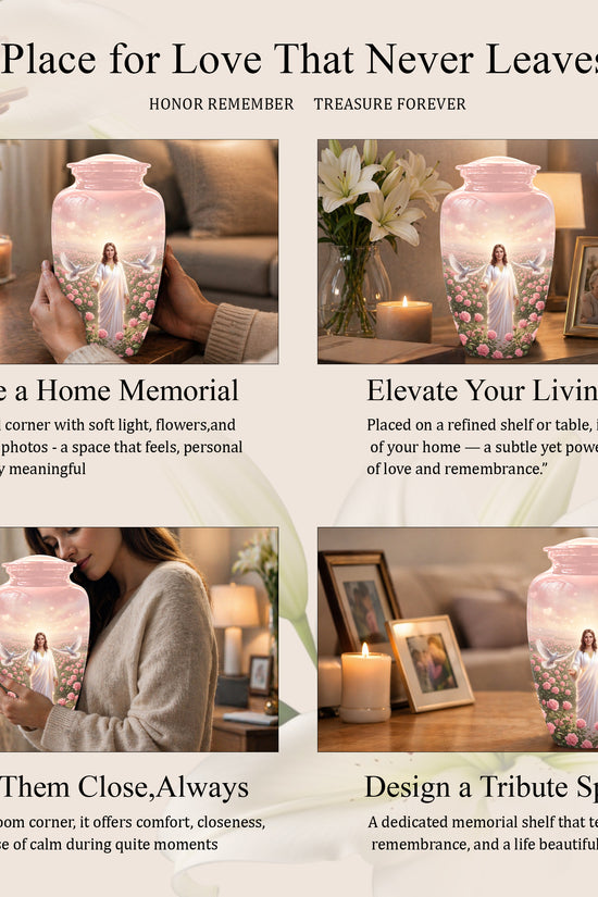 Jesus Christ And Roses Cremation Urn - Dove Memorial Urn For Ashes