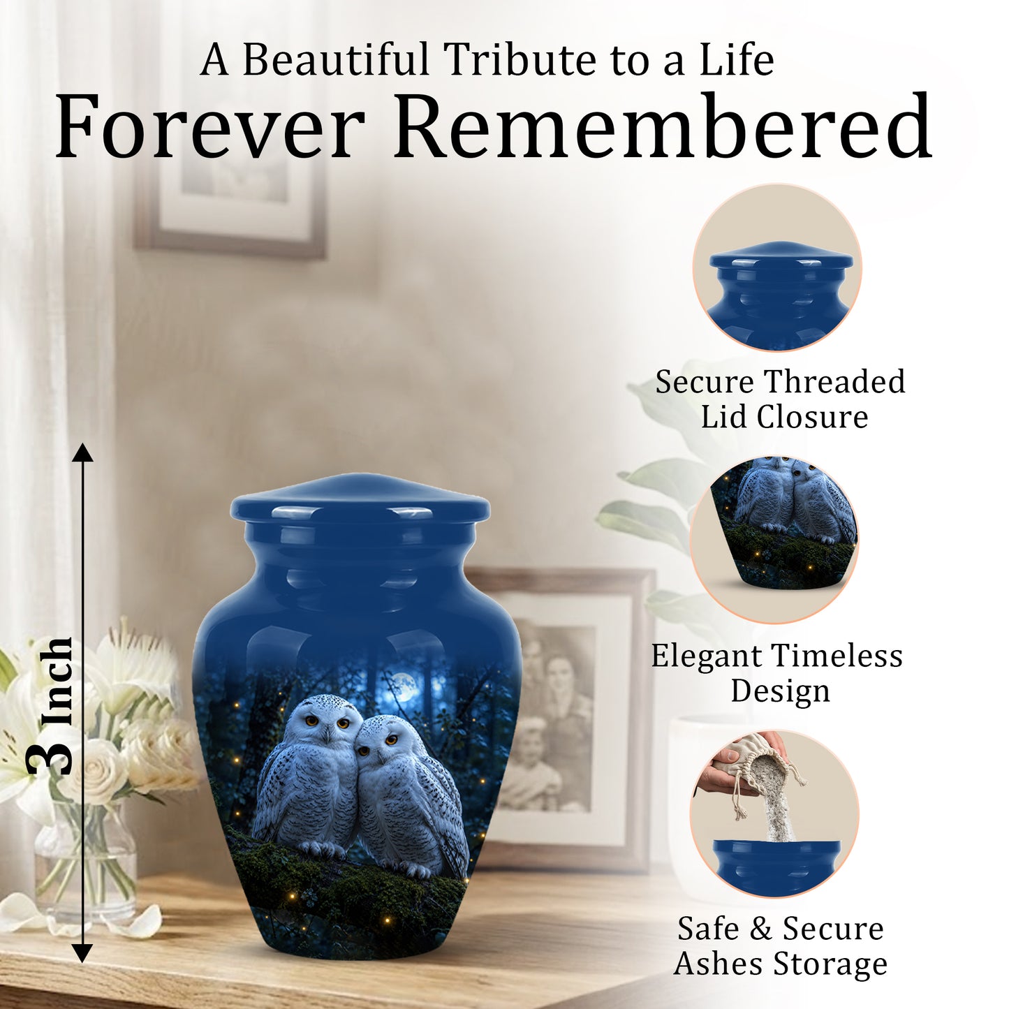 Snowy Owl Cremation Urn - Majestic Blue Memorial Urns For Human Ashes