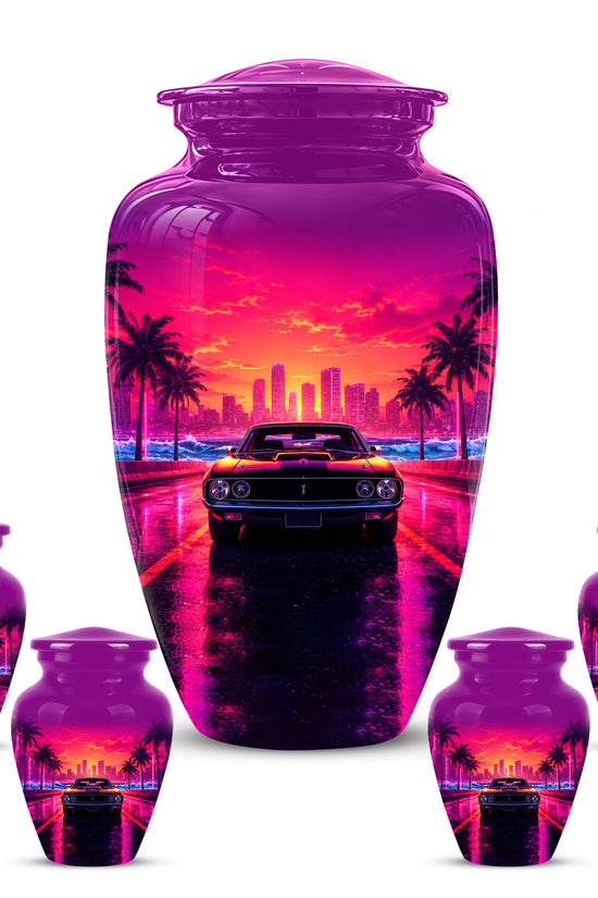 Neon Sunset Cityscape Sports Car Urn - Artistic Cremation Urn On Sale