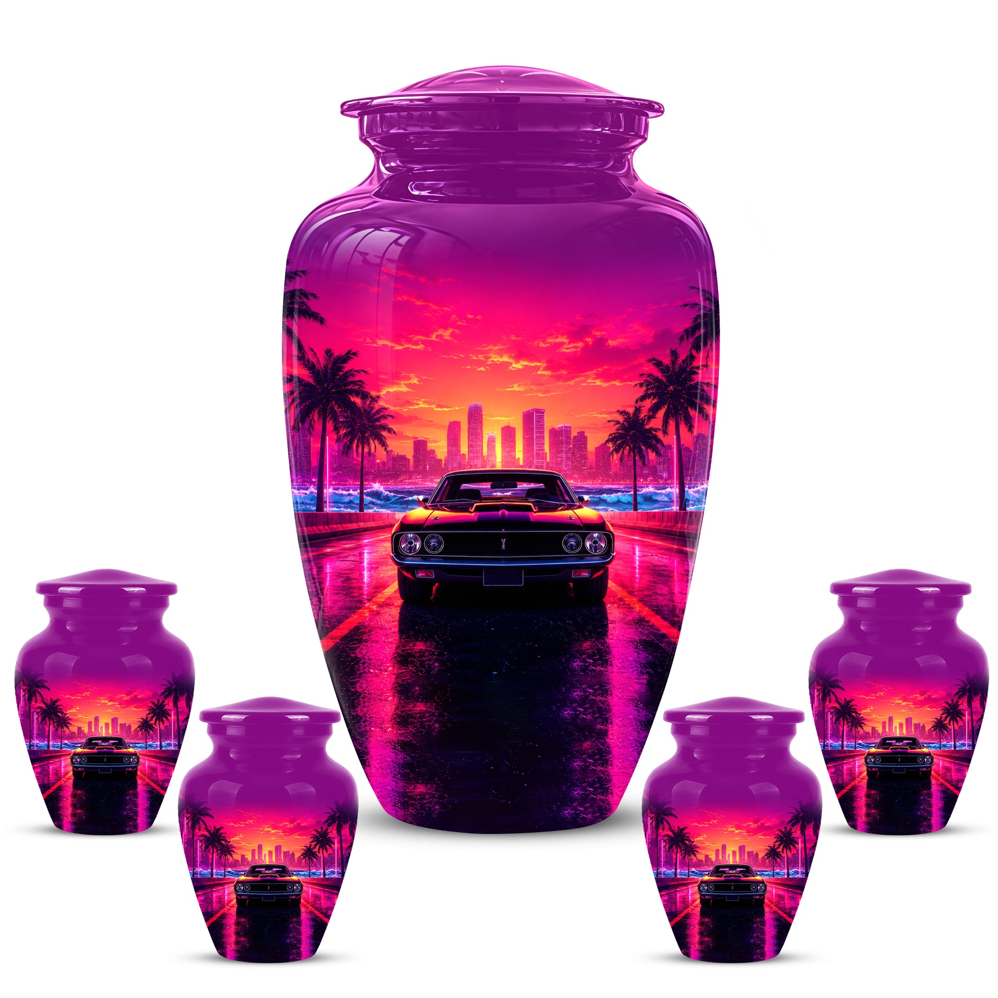 Neon Sunset Cityscape Sports Car Urn - Artistic Cremation Urn On Sale